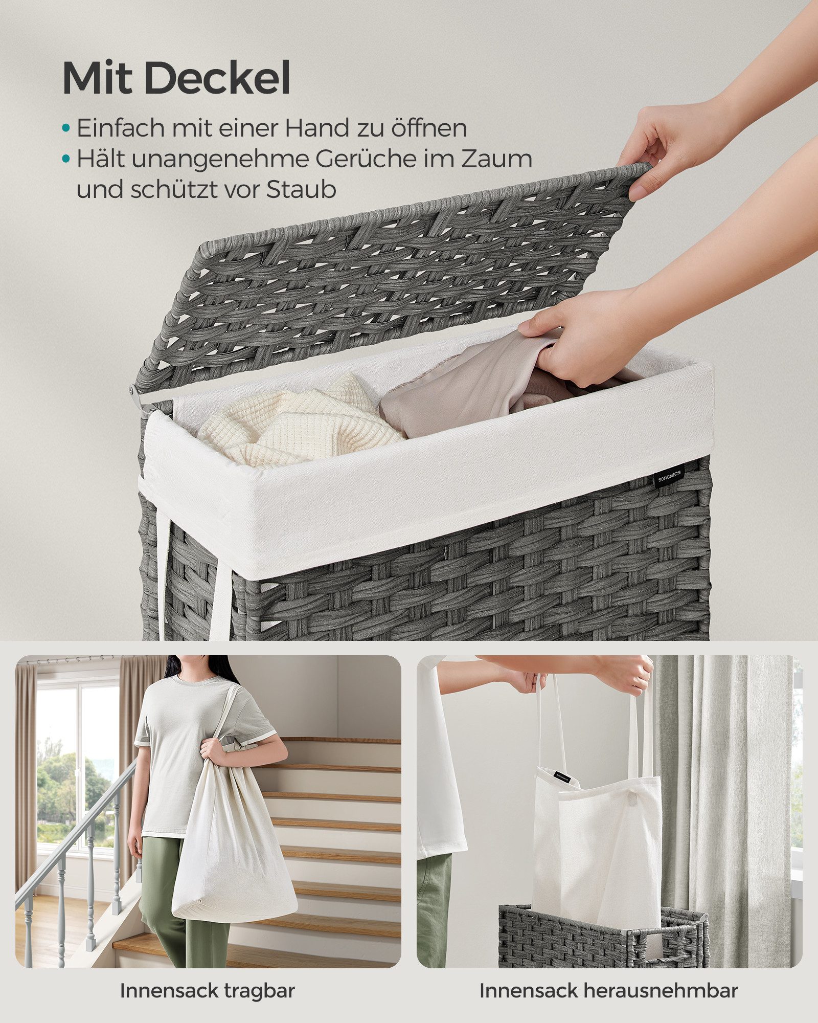 SONGMICS Wäschekorb schmal, Wäschesammler 55 L, Wäschebox, faltbar, 46 x 20 x 61 cm (aus synthetischem Rattan, geflochten), mit Deckel und Griffen, herausnehmbarer Wäschesack, taubengrau