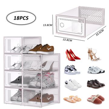 CALIYO Schuhregal Schuhboxen, 18er Set Schuhkartons durchsichtig, faltbar und stapelbar, für Turnschuhe, Stöckelschuhe und Hausschuhe, bis Größe 45