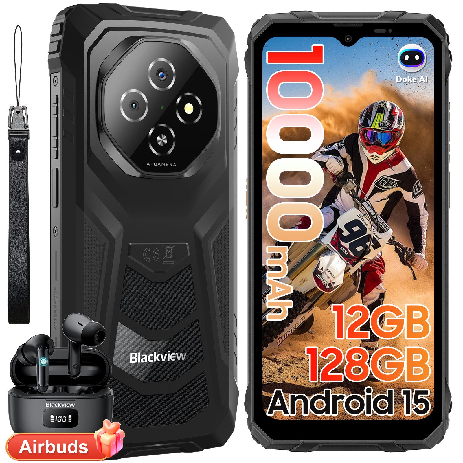 blackview FORT 1 Android 15, AI, incl. Airbuds 8 Outdoor Smartphone (128 GB Speicherplatz, 6.56”, 90Hz, fingerprint, NFC,10000mAh, 18W)
