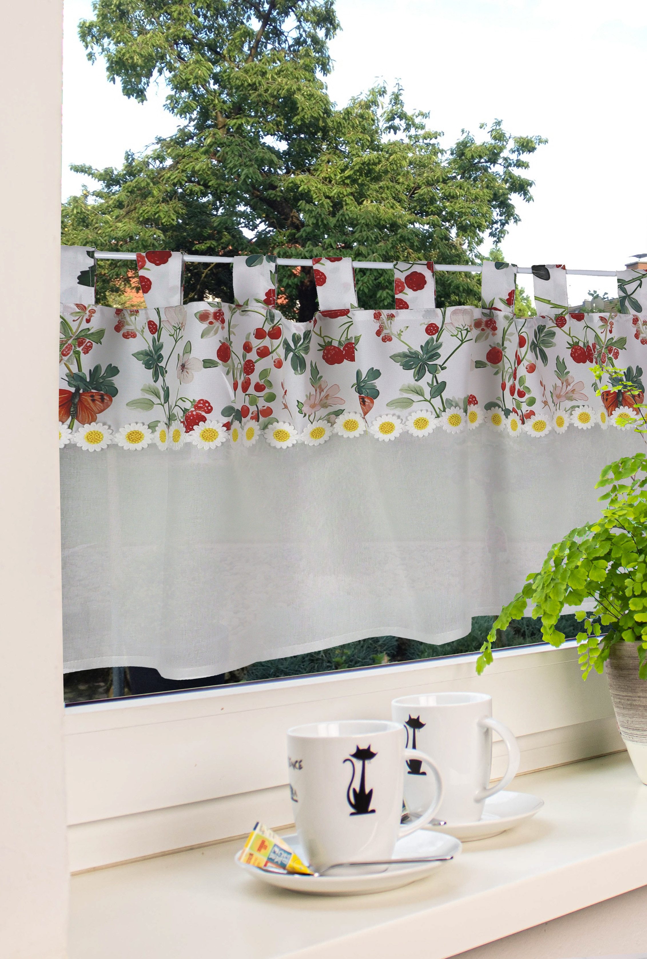 EXPERIENCE Scheibengardine Bistrogardine Erdbeeren Blumen 48x140 cm, Käseleinen mit Applikation (1 St), Schlaufe, halbtransparent, Applikation