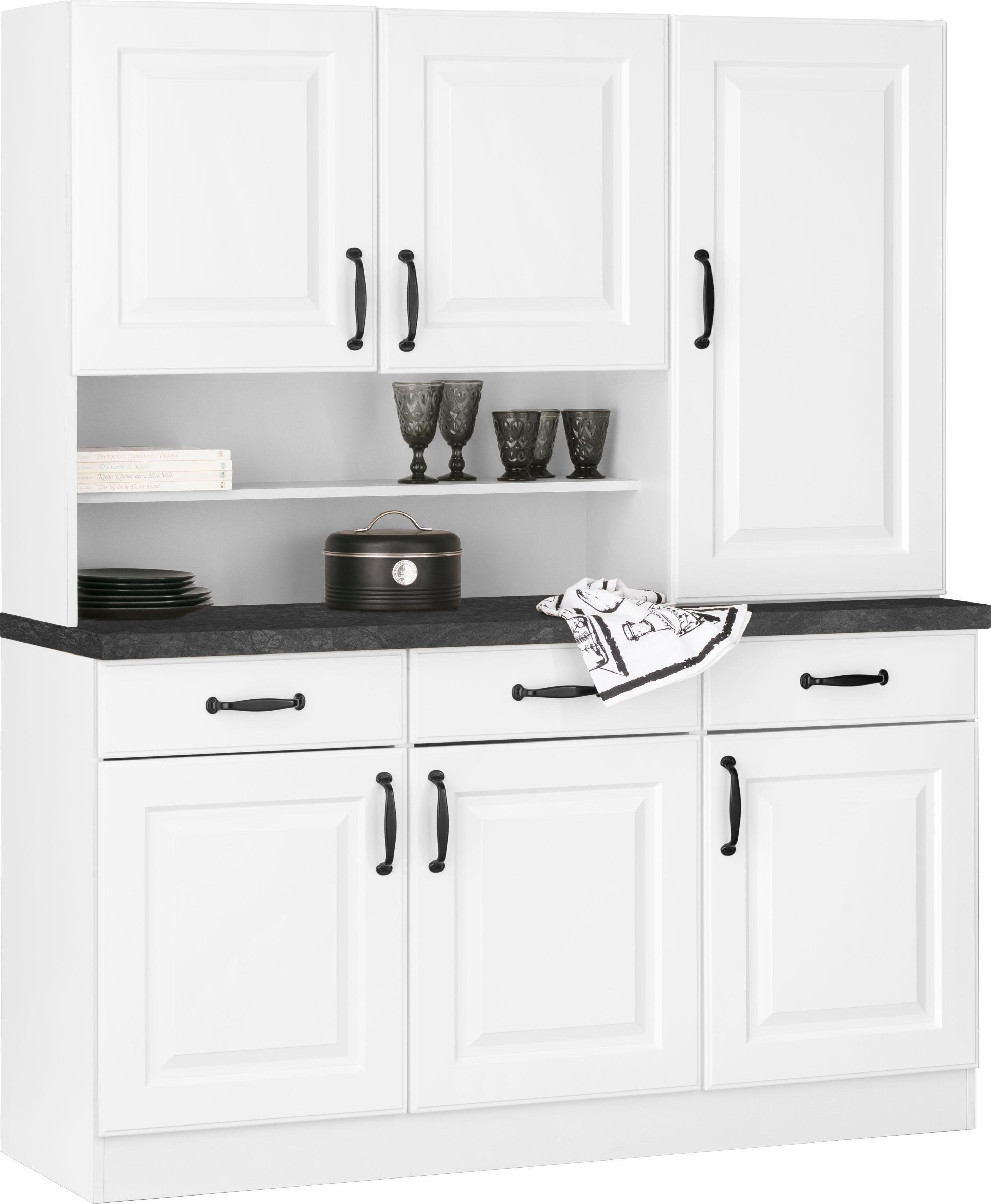 wiho Küchen Küchenbuffet Erla 150 cm breit mit Kassettenfront weiß/granit schwarz | weiß