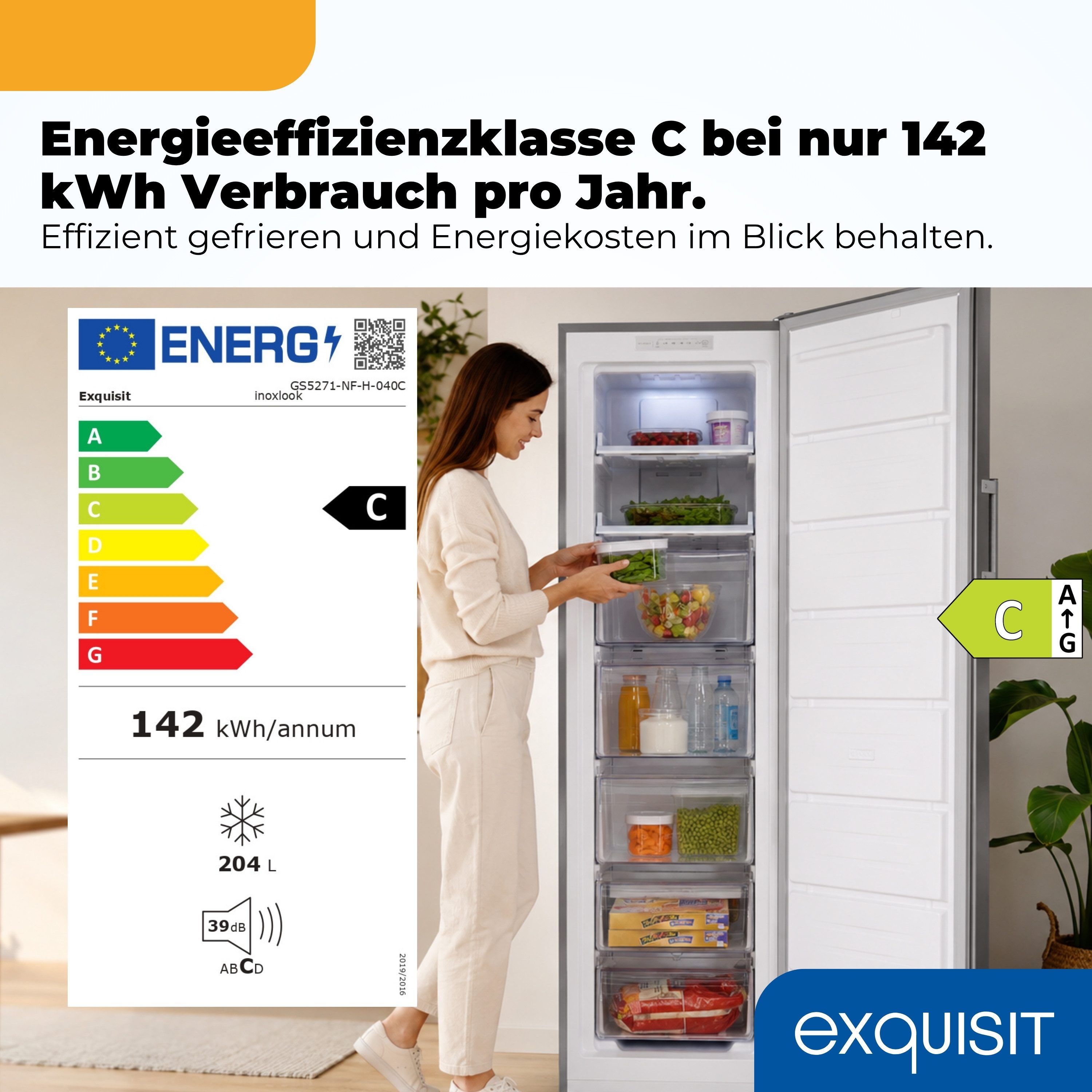exquisit Gefrierschrank GS5271-NF-H-040C, 170 cm hoch, 54,5 cm breit, 204 l Nutzinhalt, 4 Gefrierschubladen, Energieklasse C, 39 dB