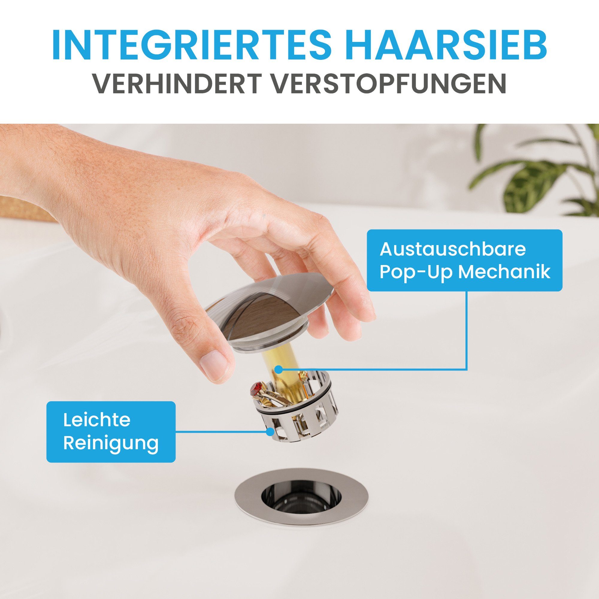 Bächlein Ablaufgarnitur Waschbeckenabfluss Pop Up (Waschbeckenstöpsel mit Überlauf) Werkzeugloser Einbau - Click Clack Funktion