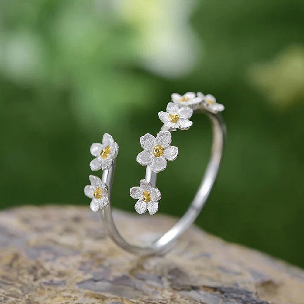 Runde Perlé Silberring zarte Vergissmeinnicht Blumen, günstig online kaufen