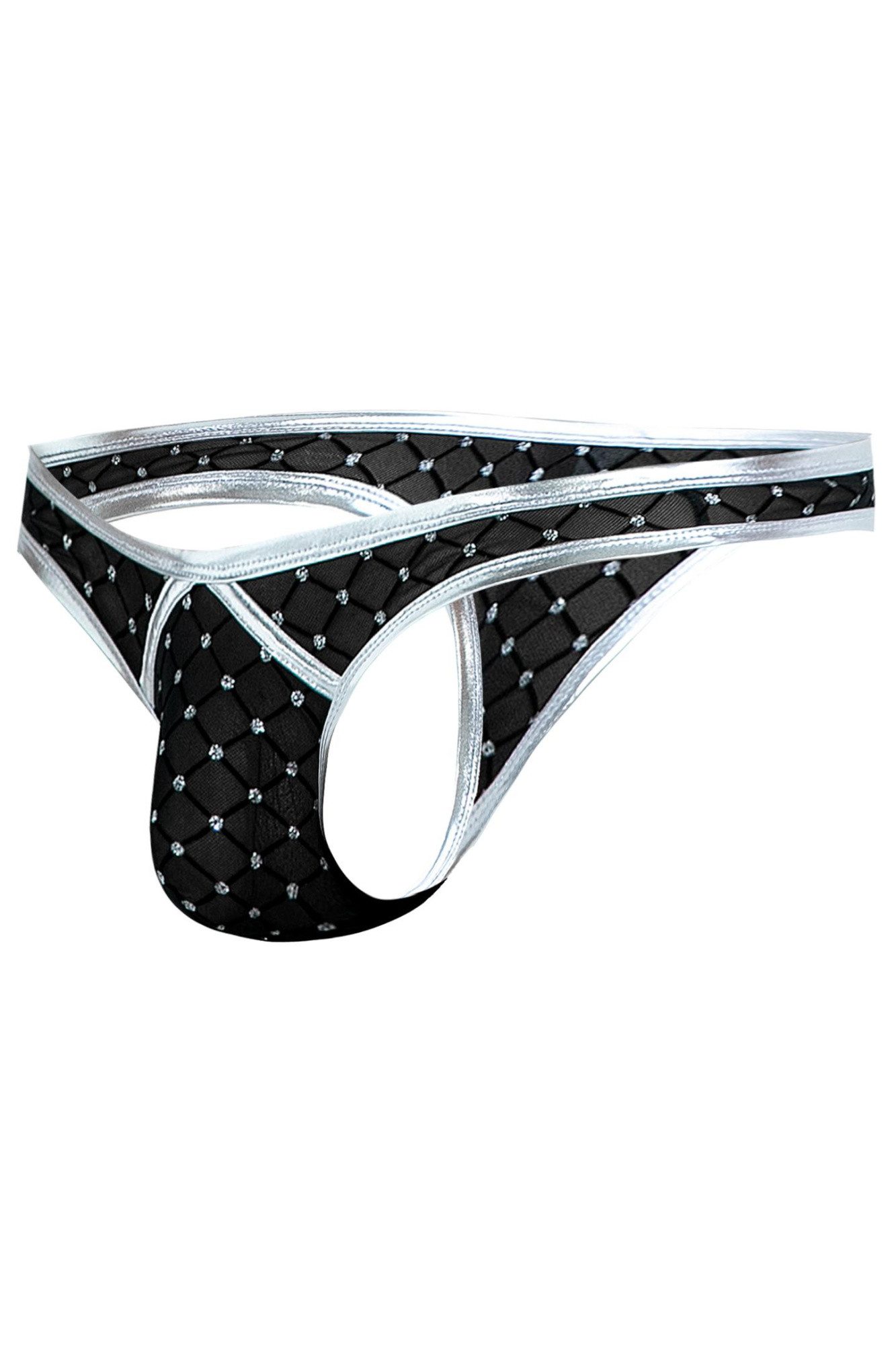 String Silberner Männer String Shorts aus dehnbarern schwarzen Netz offen tra
