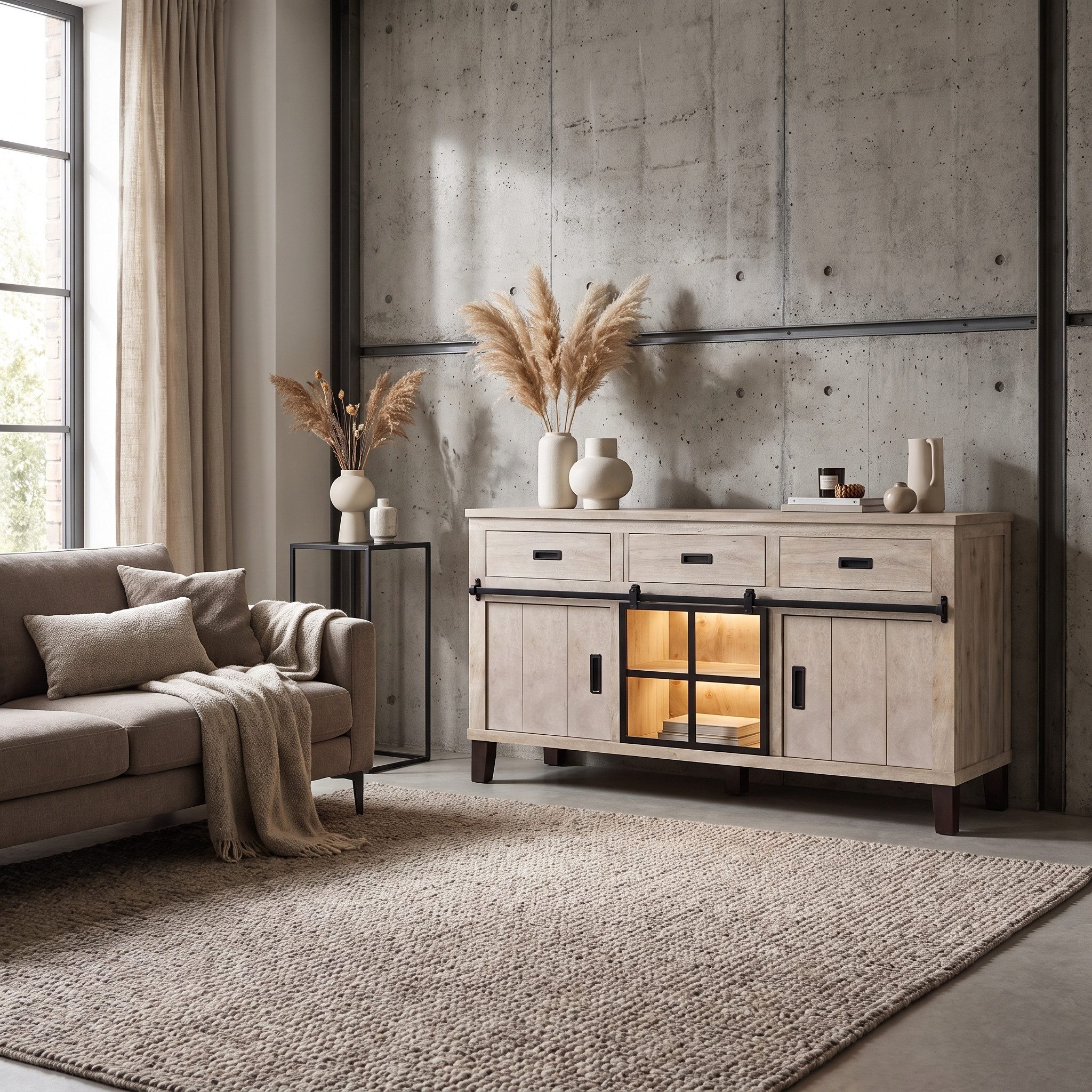 WOLF MÖBEL Sideboard (145 x 42 x 90), KALI Kommode mit 2 Türen, 1 Schiebetür, 3 Schubl. & Licht