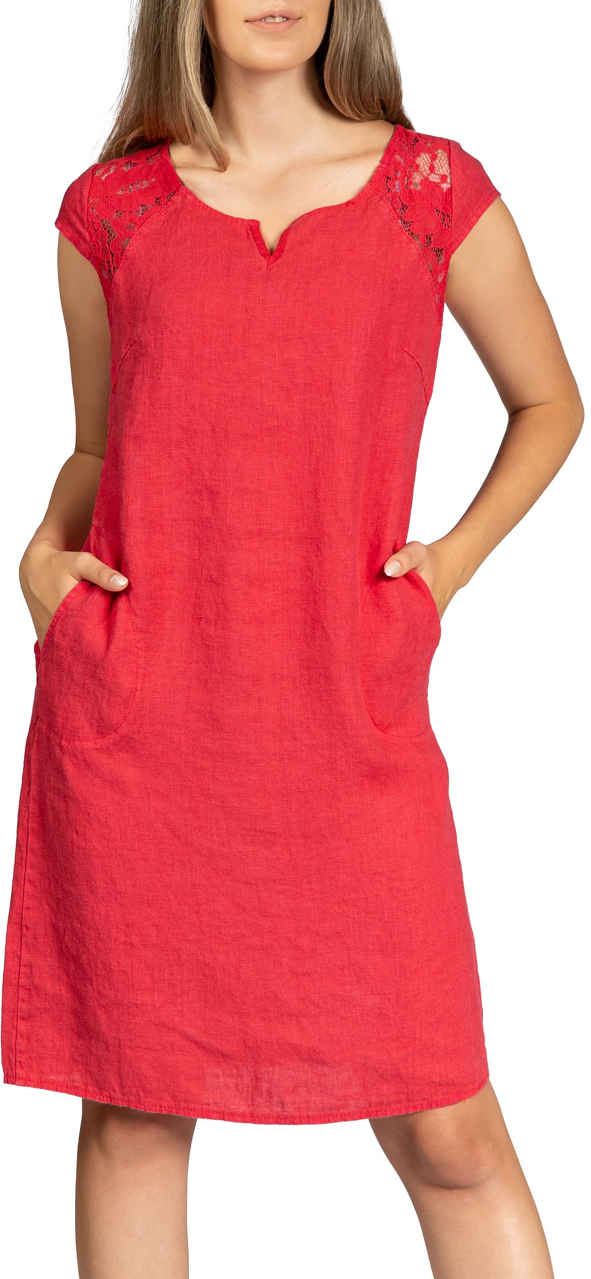 Caspar Sommerkleid SKL042 Damen Sommer Leinenkleid mit dezentem Spitzeneinsatz Luftig leicht, figurumspielende Form, mit seitlichem Jersey-Einsatz