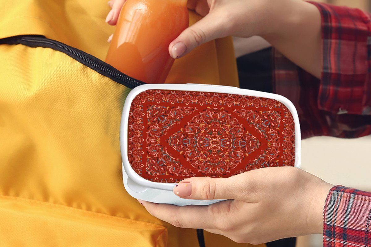 weiß Teppiche Brotbox Muster Persische Teppiche Kunststoff, für Jungs Brotdose, - (2-tlg), Rot, und MuchoWow Mädchen - Erwachsene, für Lunchbox und Kinder -
