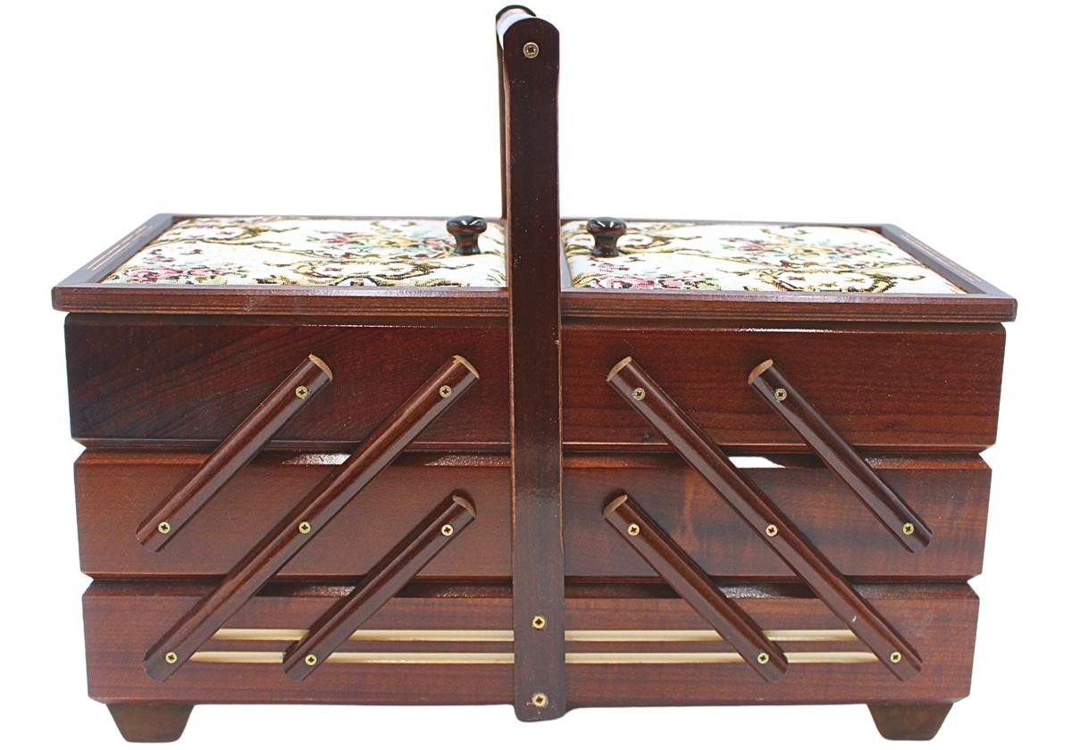 Dekohelden24 Nähkorb Hochwertiger Nähkasten, Nähkästchen aus Furnierholz mit 7 Fächern und (1 St), und Stoffbezug Rosenmotiv in Braun, L/B/H 42 x 20 x 21 cm .