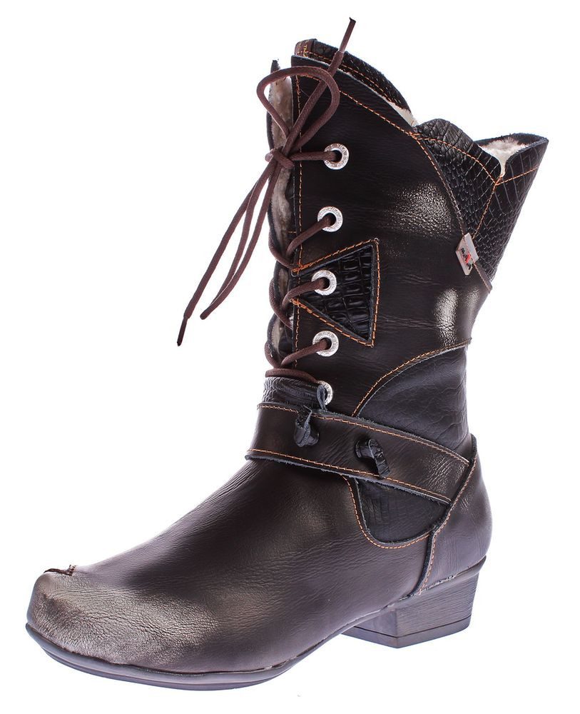 TMA Leder Winter Stiefel Damen Schuhe TMA 8166 Stiefel Gefüttert, Antik bzw. Used Look, Reptil-Print