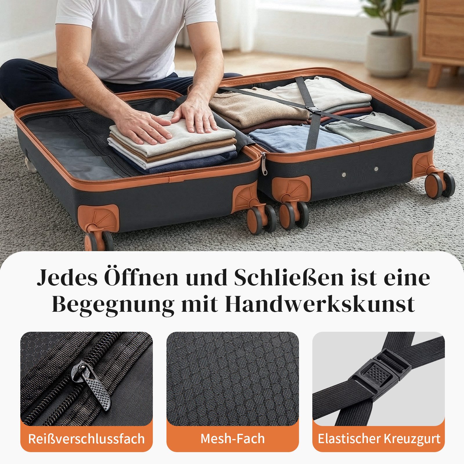 LALAHO Trolleyset Kofferset Hartschalenkoffer Trolley 360° Rollen, 4 Rollen, (3 tlg), Reisekoffer Set mit Handgepäck, Koffer & Trolleys, Schwarz