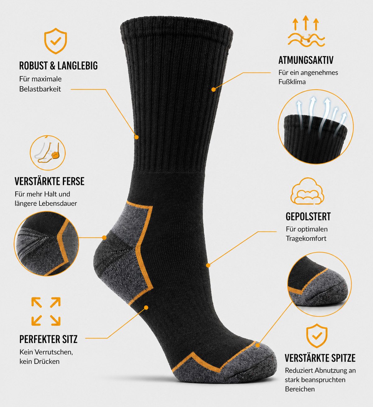 WORKSHIELD Arbeitssocken Herren – Robuste & gepolsterte Socken, atmungsaktiv, (10-Paar) verstärkte Ferse & Spitze, perfekter Sitz, für Arbeit & Alltag