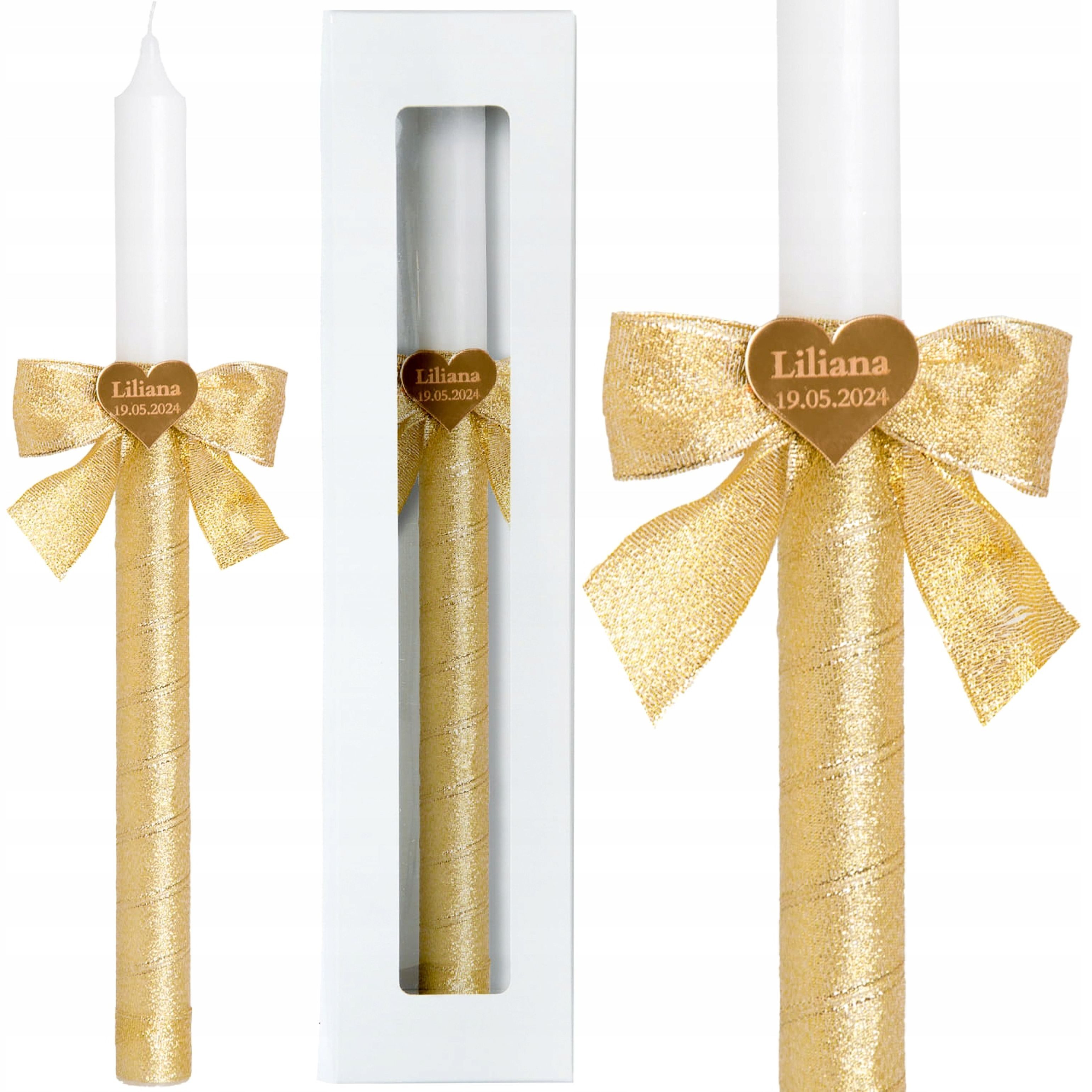 Sacramenta Kommunionskarte Kommunionkerze mit Name & Datum – personalisierte Kerze in Gold 40x3cm