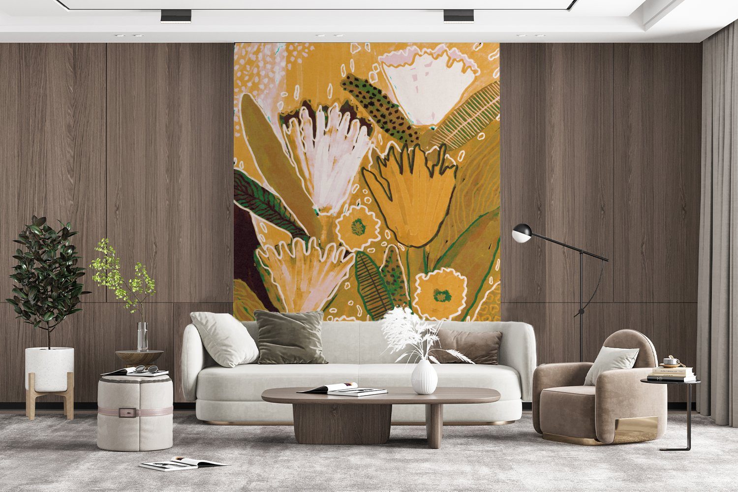 St), Blumen Gelb Wandtapete Montagefertig Pflanzen, bedruckt, Wohnzimmer, - Fototapete - Matt, MuchoWow für (4 Tapete Vinyl