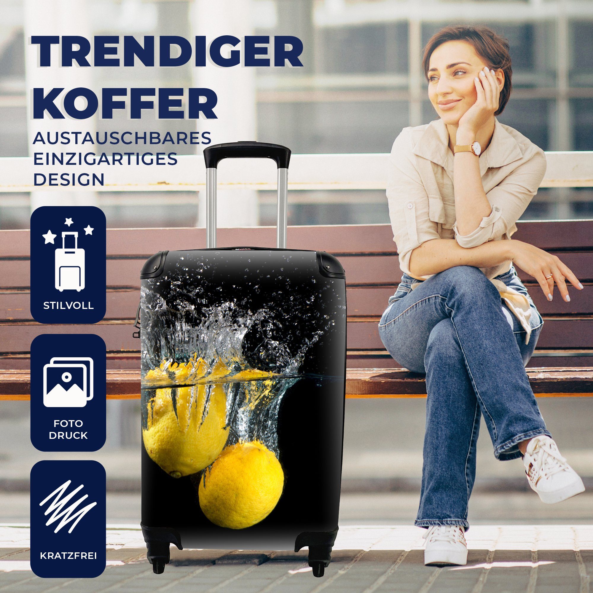 MuchoWow Handgepäckkoffer Zitrone - - - Gelb, Reisekoffer mit Frucht Reisetasche Rollen, für Stilleben rollen, Handgepäck Wasser Trolley, 4 Ferien, 