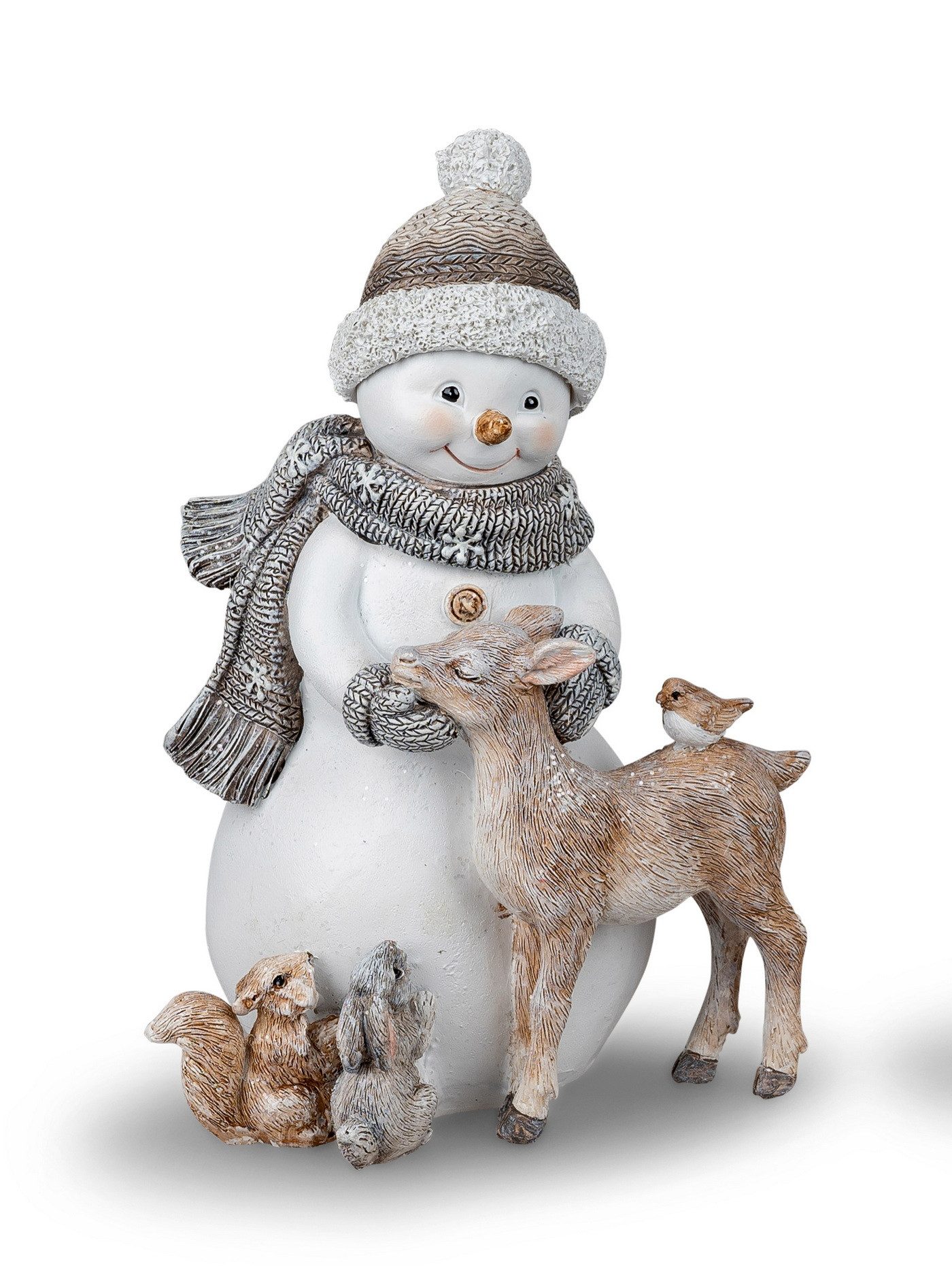 Kaufhaus le petit Weihnachtsfigur Deko Schneemann Figur mit Vogel Reh Hirsch Hase Eichhörnchen Skulptur, Dekofigur, Dekoskulptur, Dekoobjekt aus Polyresin (Kunststein)