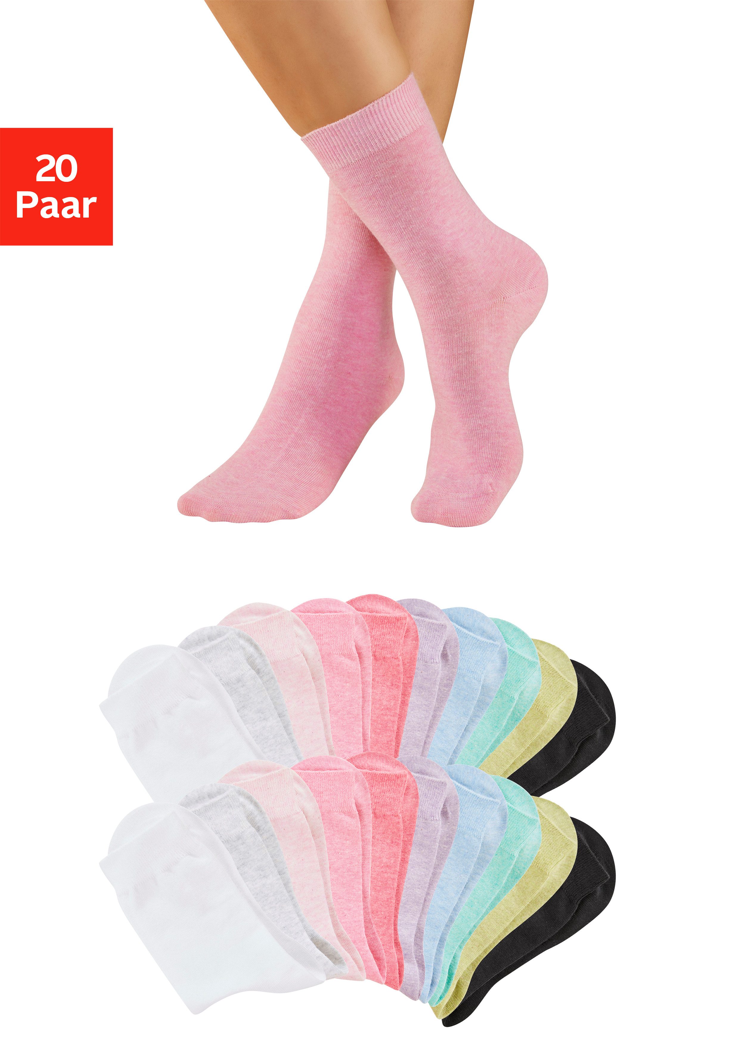 H.I.S Basicsocken Damensocken, frische melierte Farben, casual (Packung, 20-Paar, Gr. 35-38 bis 39-42) Alltagssocken in der Großpackung