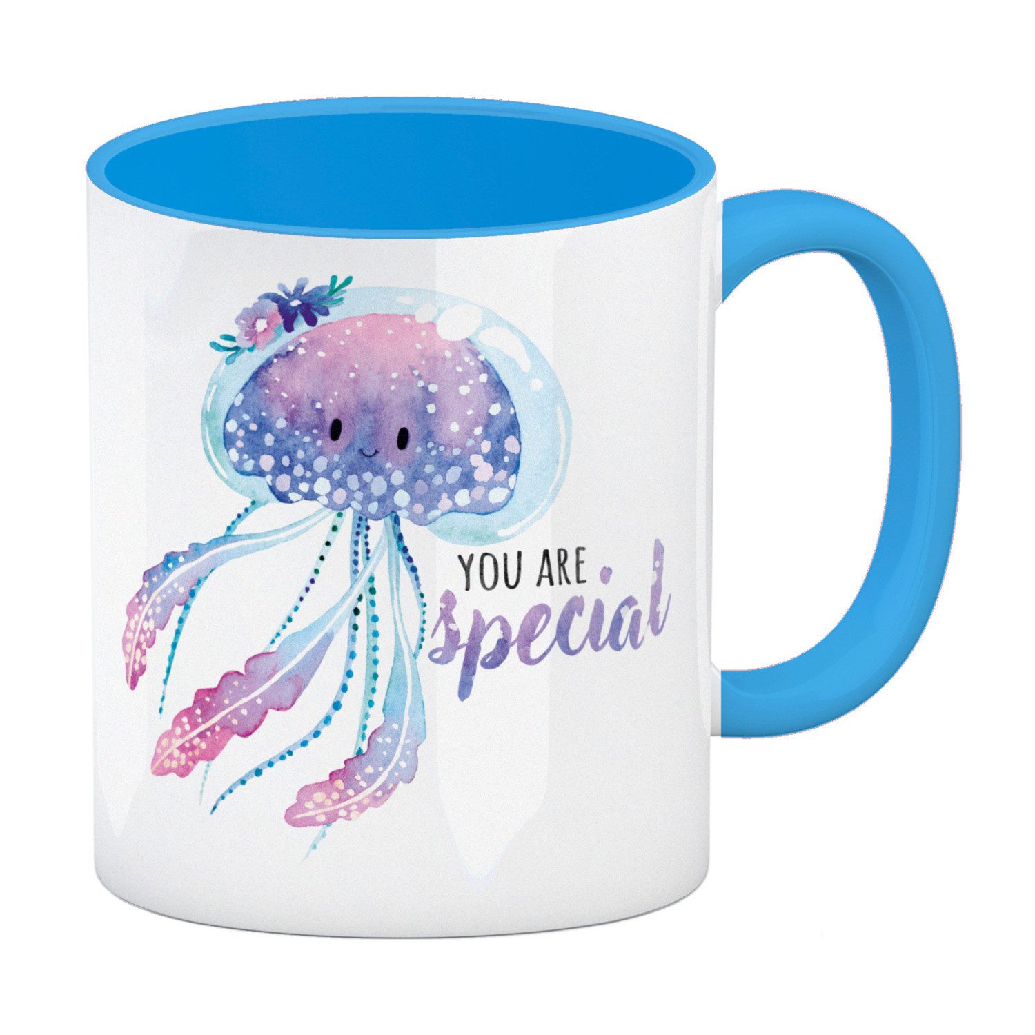 Tasse Qualle Kaffeebecher in hellblau mit Spruch You are special