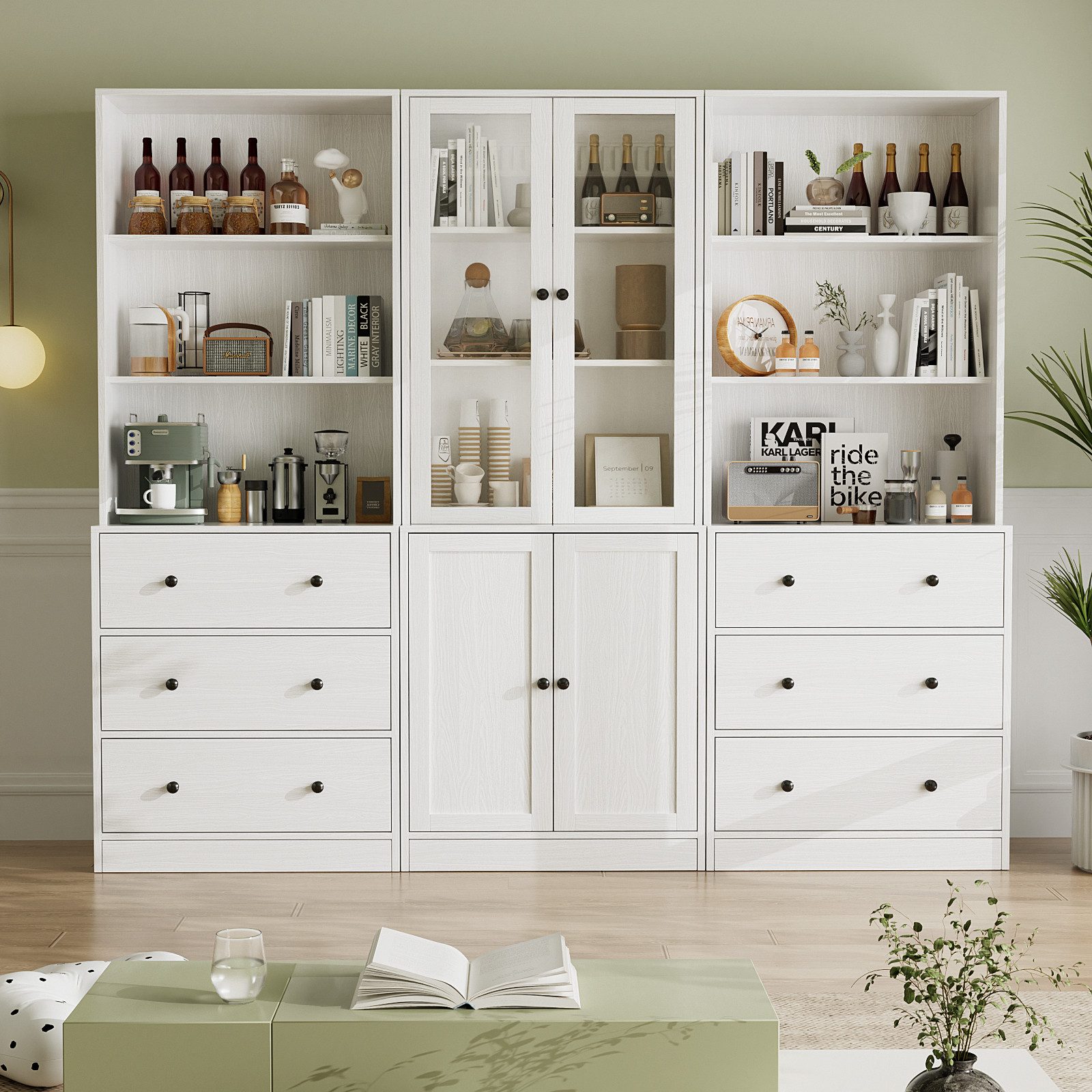 VOWNER Bücherregal 5-stöckiges Bücherregal mit Glastüren, 180 cm Vitrinenschrank, 3-tlg., multifunktionaler Küchenschrank Hochschrank & Buffetschrank