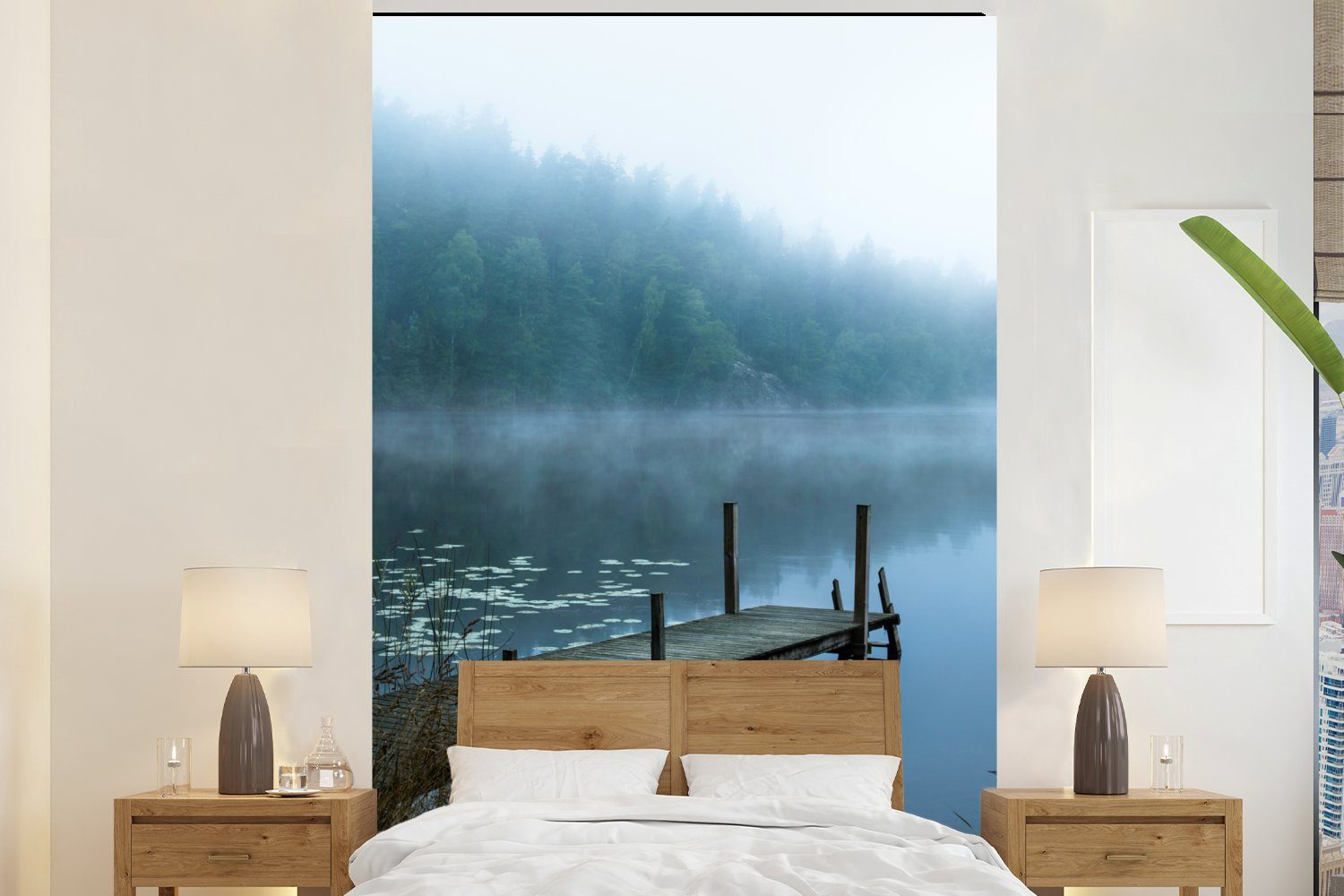 MuchoWow Fototapete Natur - See - Wald - Nebel, Matt, bedruckt, (3 St), Montagefertig Vinyl Tapete für Wohnzimmer, Wandtapete
