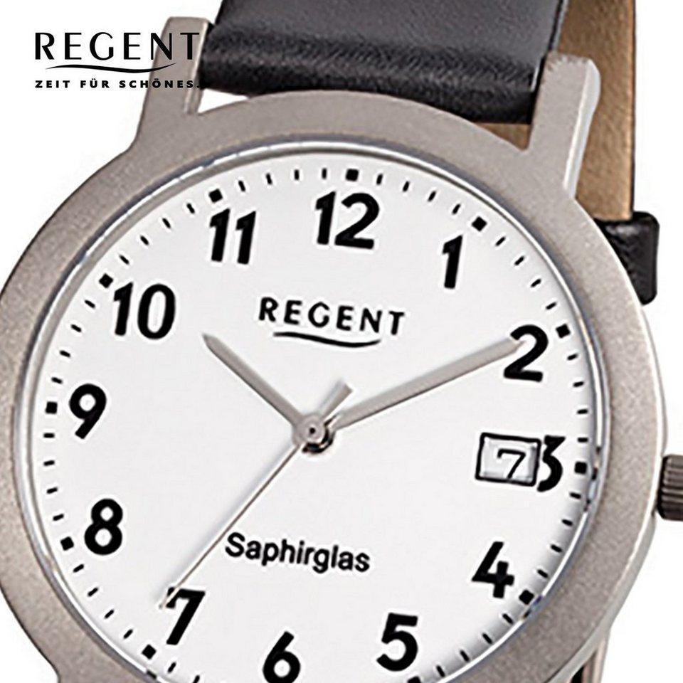 Regent Quarzuhr Regent Herren-Armbanduhr schwarz Analog, Herren Armbanduhr  rund, mittel (ca. 37mm), Lederarmband, Saphir
