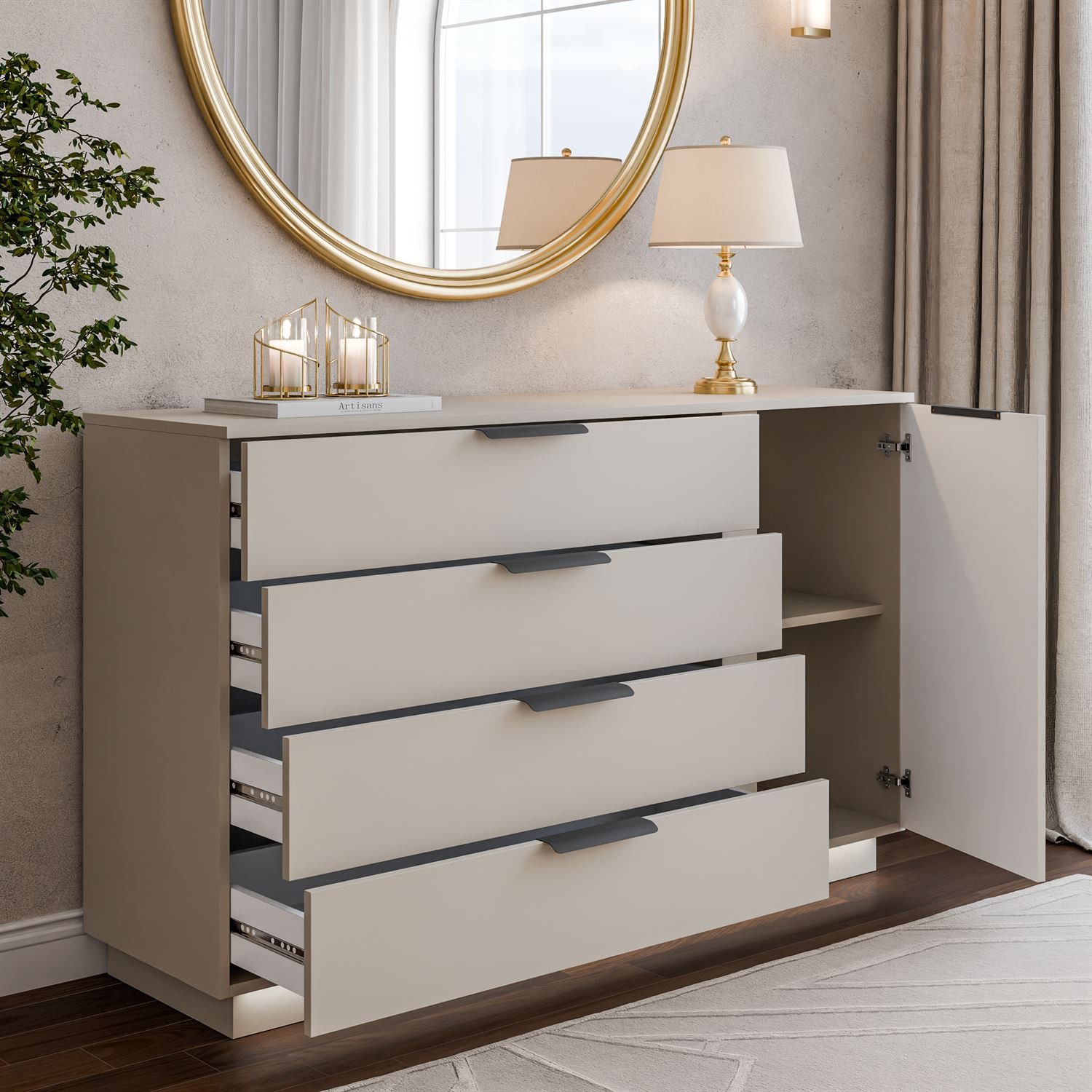 Lookway Kommode LINA KASCHMIR 1D4S mit LED-Beleuchtung auf Sockel, Breite: 138 cm