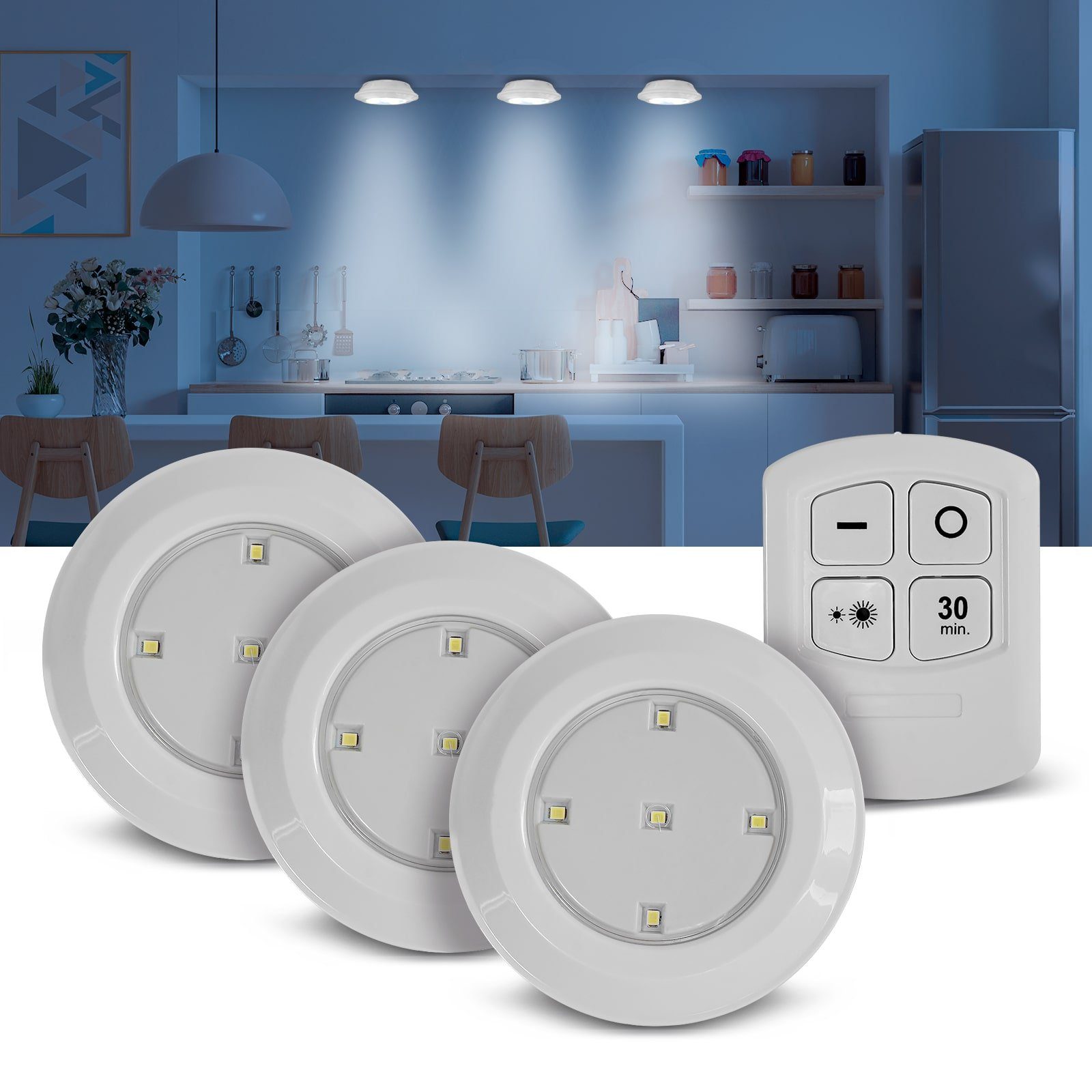 EAXUS LED Unterbauleuchte LED Lampe Batteriebetrieben mit Fernbedienung und Timer, Dimmbar (100%/50% Leuchtkraft), 30 Minuten Timer, LED fest integriert, Neutralweiß, Selbstklebend