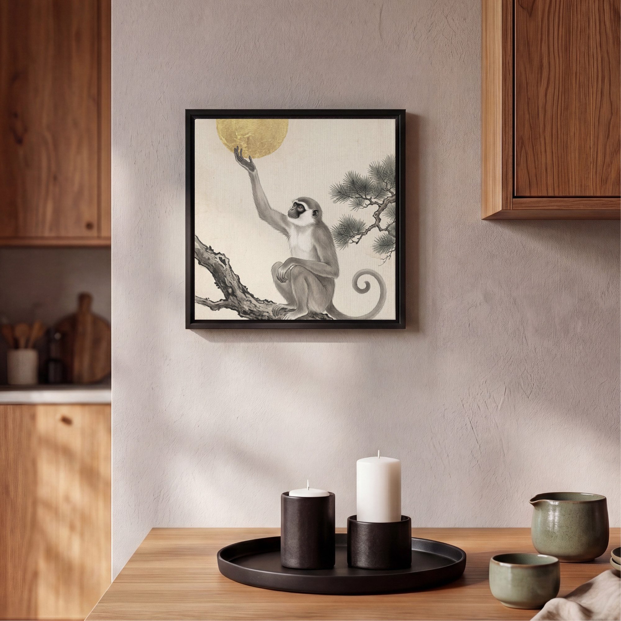 OneMillionCanvasses® Leinwandbild mit Rahmen - Affe - Mond - Gold, Fotodruck (1 St), Leinwand Bilder Klein, Wand Dekoration Aesthetic 20x20cm – Bild 2 von 5