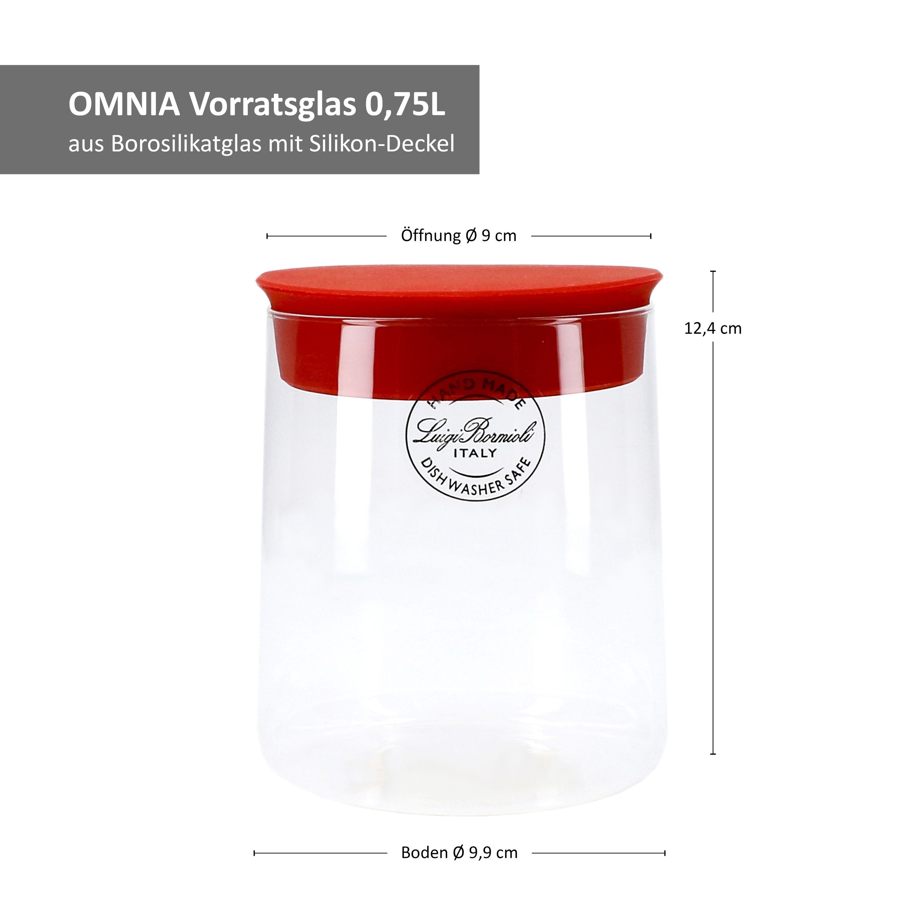Set mit Liter Omnia rotem Luigi Vorratsglas 6er Vorratsgläser Bormioli 0,75 Silikondeckel