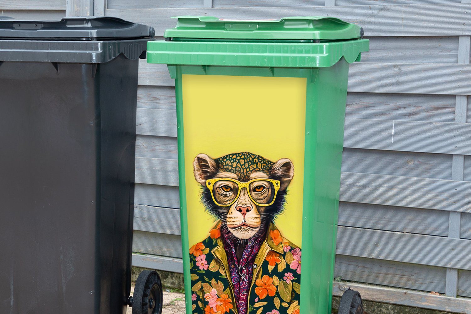 Tiere Mülleimer-aufkleber, Design Abfalbehälter - - Affe Container, (1 St), - Blumen MuchoWow Wandsticker Mülltonne, Brillen - Sticker,