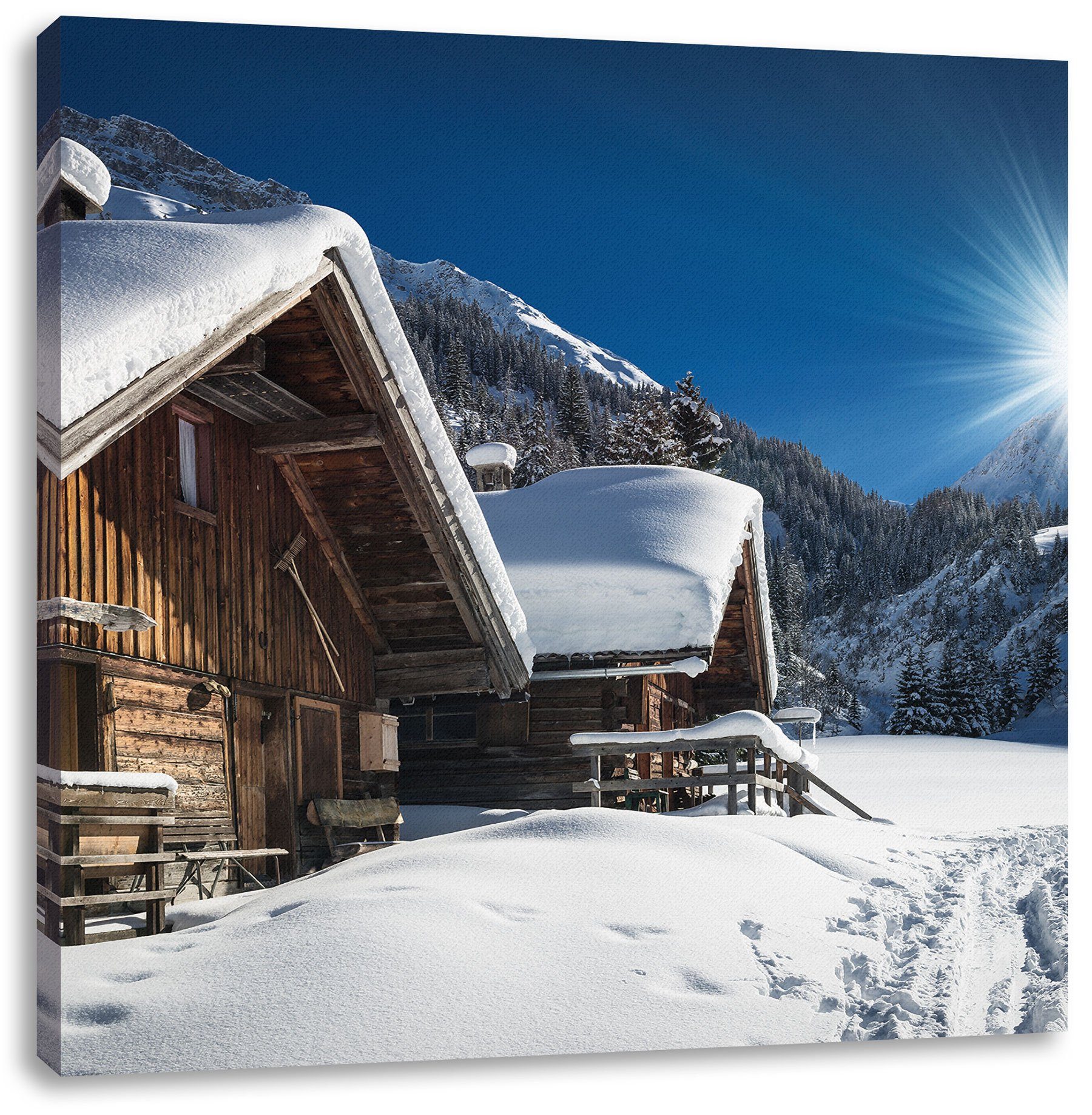 Pixxprint Zackenaufhänger (1 St), inkl. Alpenhütte Leinwandbild Leinwandbild fertig Alpenhütte, Verschneite Verschneite bespannt,
