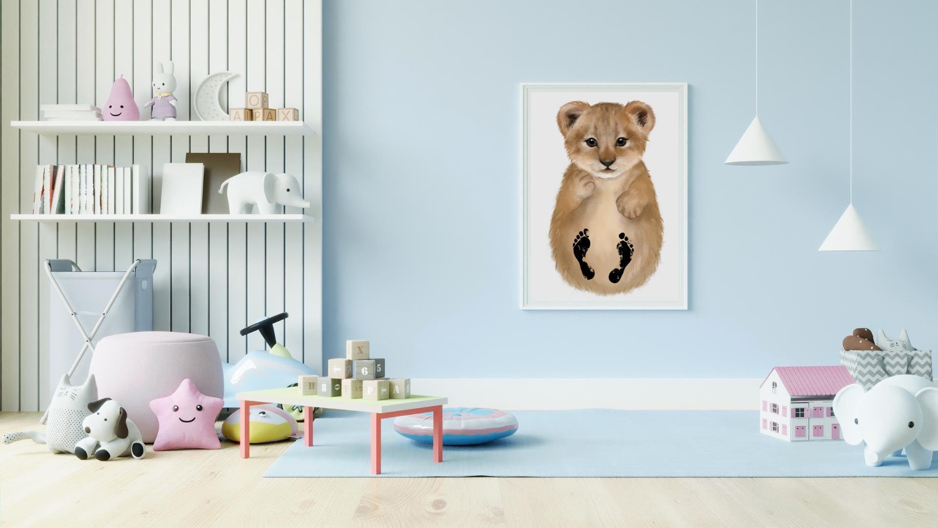 A4-Druck, für Fußabdruck-Set Stempel, Löwe, Babys, Freusel Poster Bilderrahmen