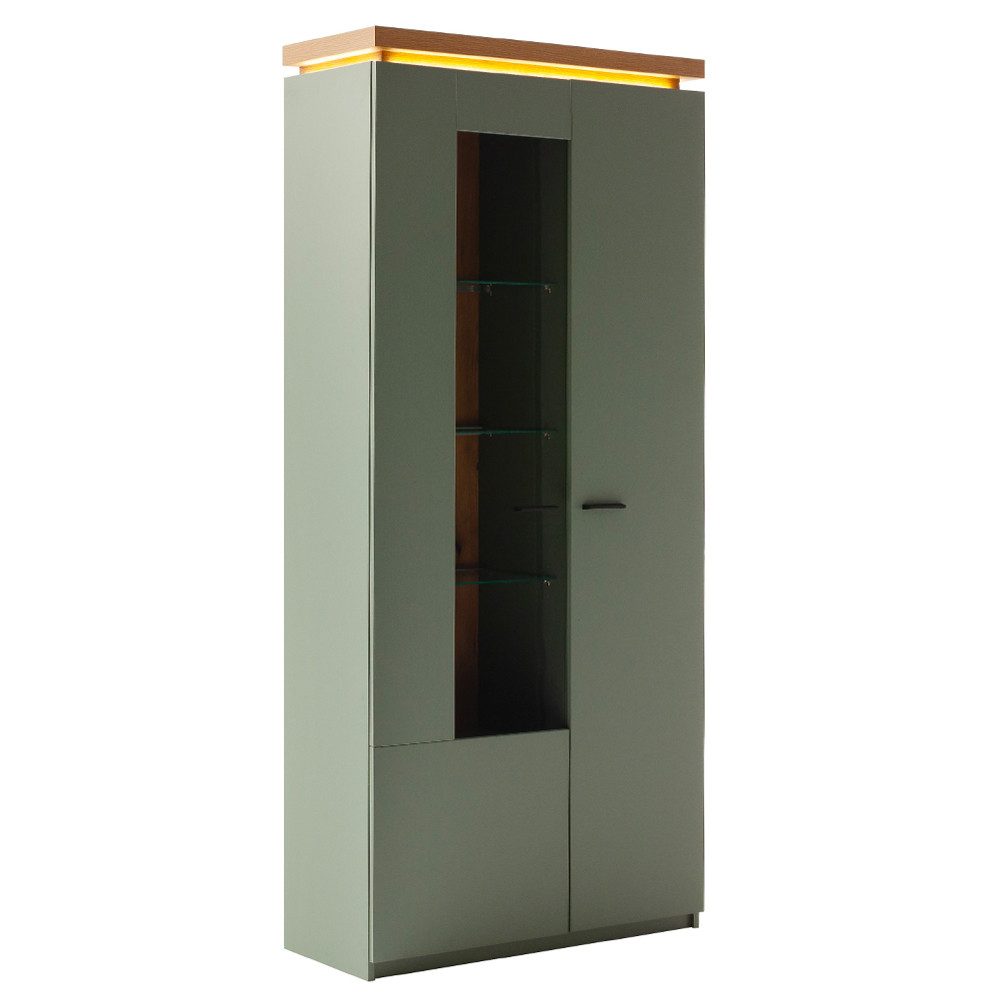 Lomadox Vitrine MOSTAR-05 Grün mit Eiche, 88 cm Breite, 2-türig