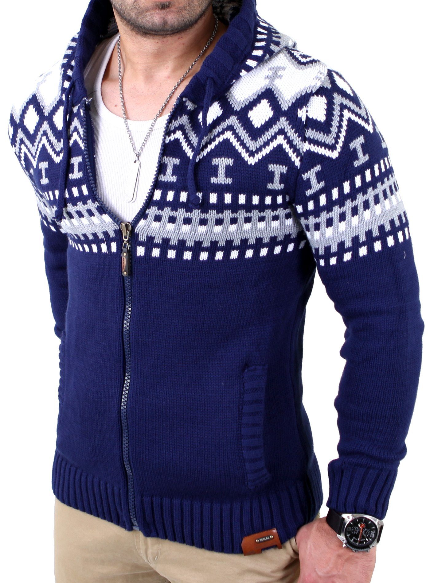 Strickpullover Reslad Herren Grobstrick Norweger Winter Strickjacke mit Kapuze RS-310