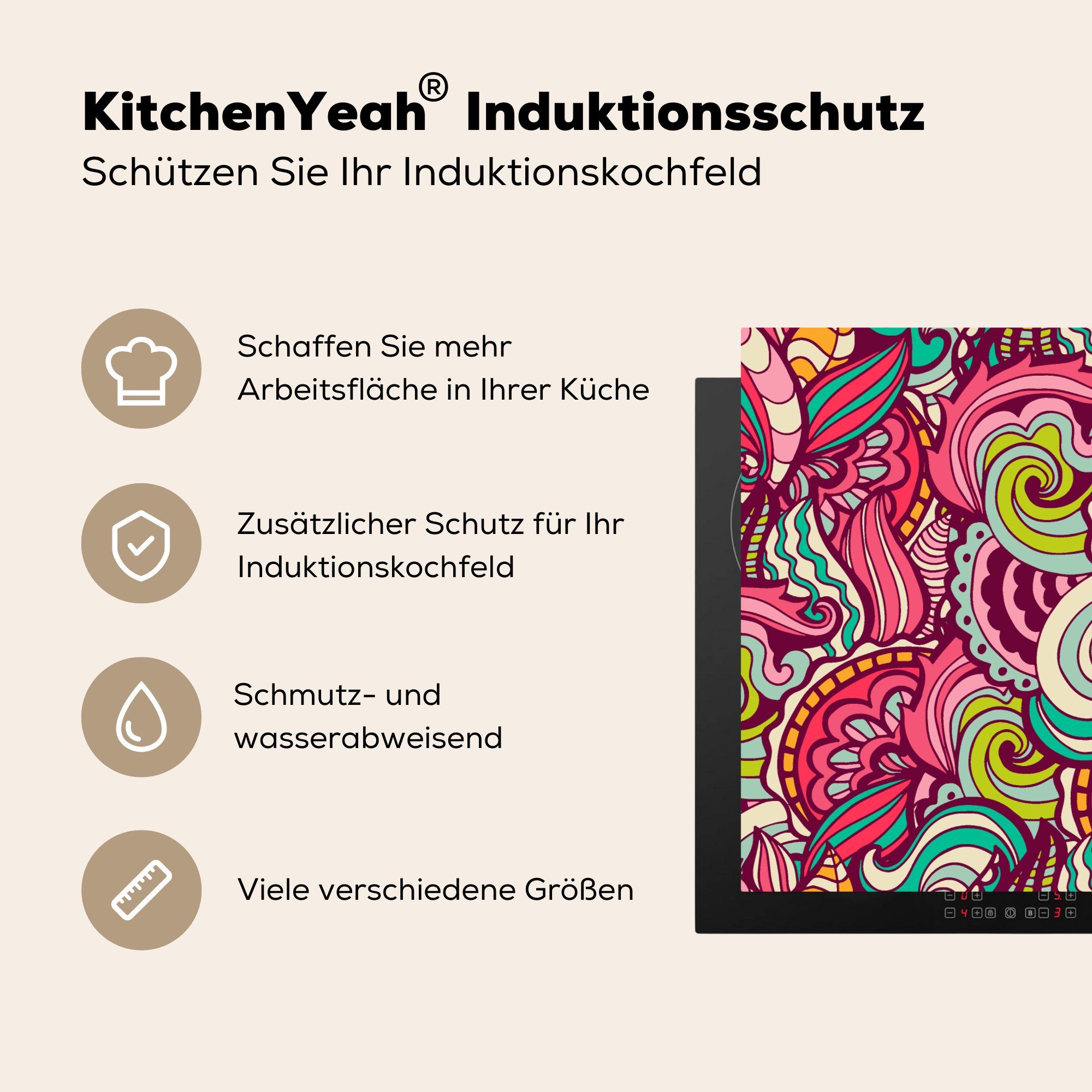 Vinyl, - für Regenbogen Blätter - Design, - MuchoWow Induktionsmatte Blumen 59x52 (1 cm, Herdblende-/Abdeckplatte küche, Ceranfeldabdeckung die tlg),