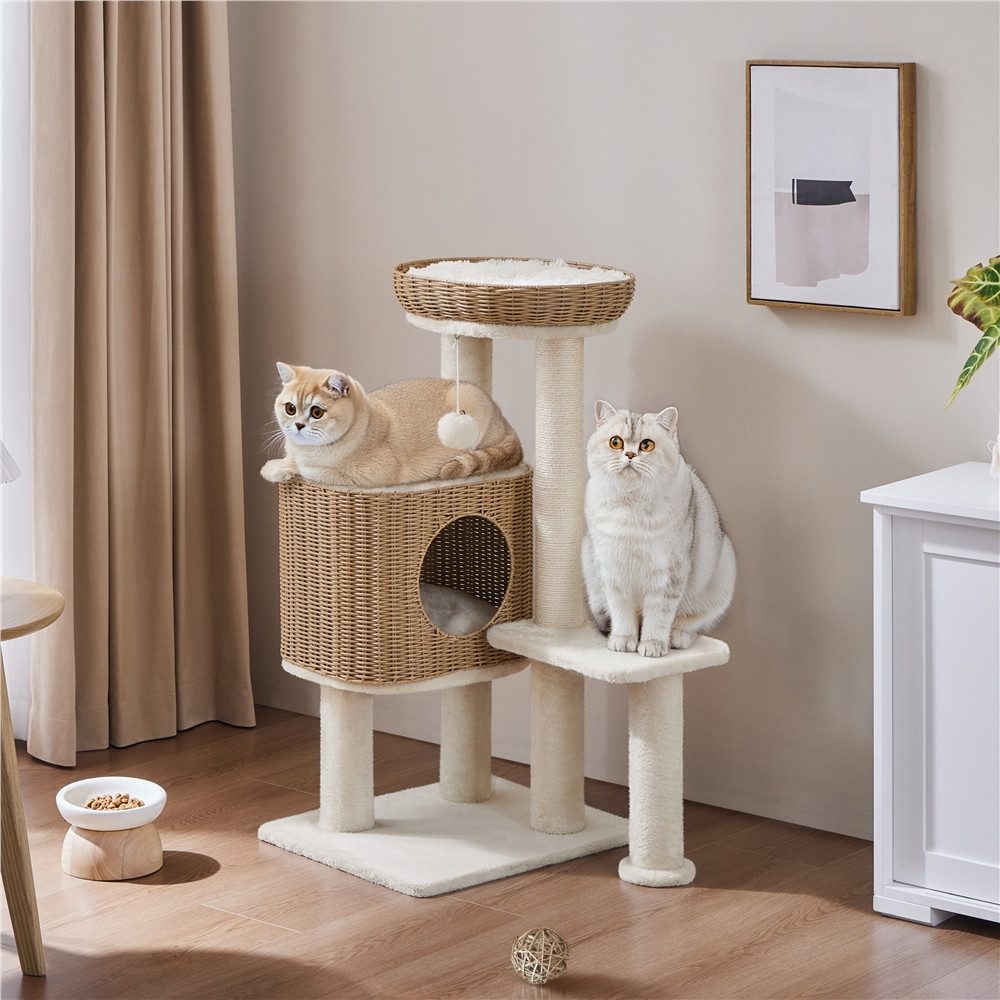 Yaheetech Kratzbaum 91 cm (H), Katzenbaum mit Liegeplatz & Katzenhaus & Plüschball, Rattan-Optik