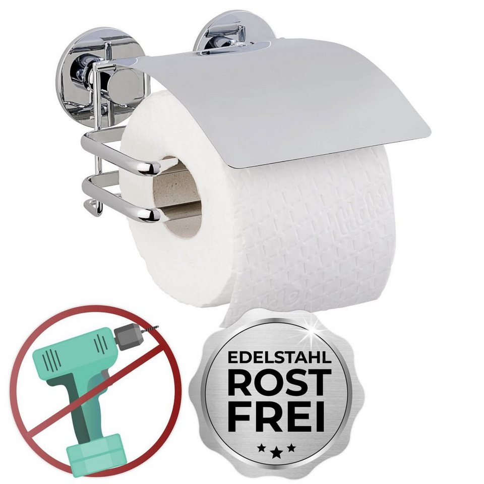 WENKO Toilettenpapierhalter Toiletten Papier Rollen Halter Edelstahl Wand  ohne Bohren Deckel