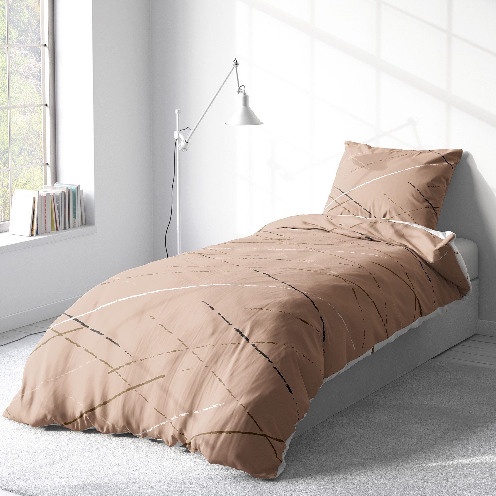 Visaggio Bettwäsche Hochwertige Polycotton Bettbezug in 6 Größen, Renforcé, 2 teilig, schlichtes Streifen Design mit Wendeseite, Beige, Grau und Grün