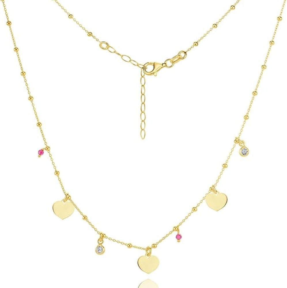Miore Charm-Kette TA009SN - mit Herzen & Steinen - 925 Sterling Silber vergoldet 18Kt, Ankerkette mit 44 cm Länge