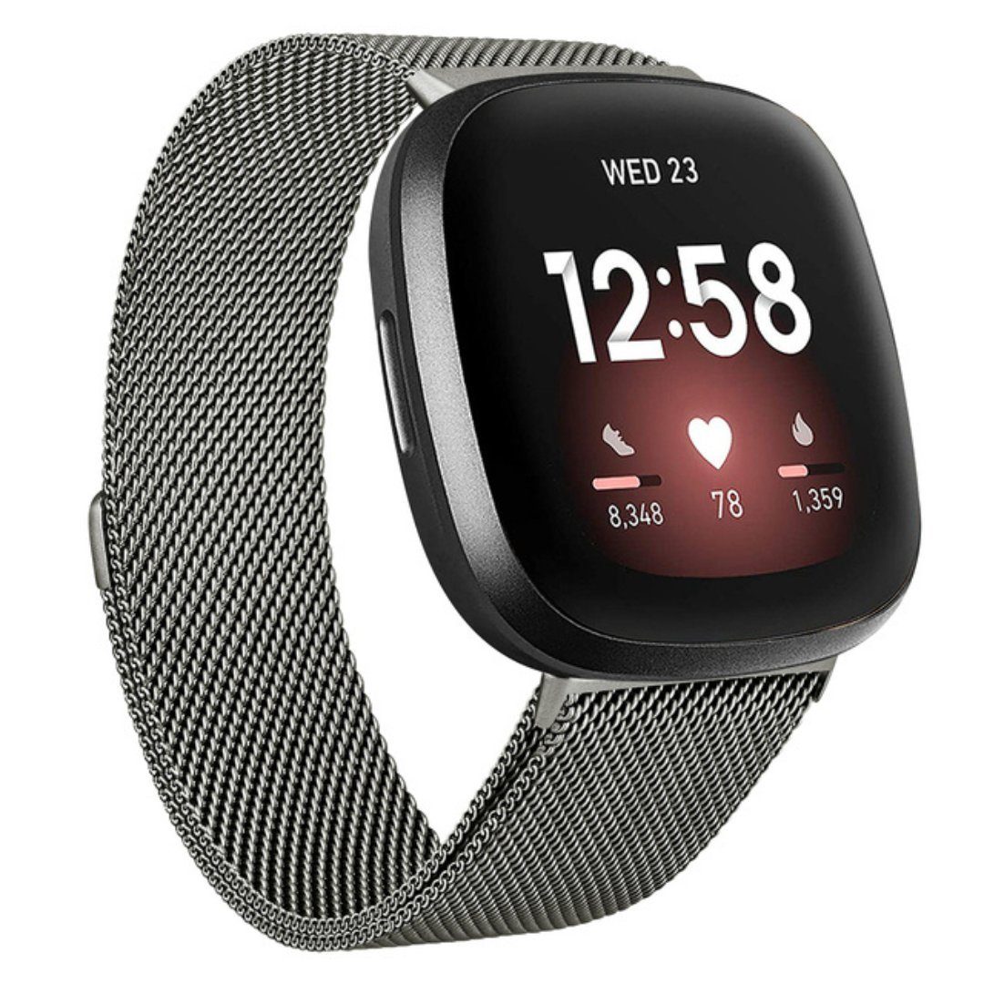 SmartUP Uhrenarmband Für Fitbit Versa 3 verstellbar Edelstahl stufenlos Armband Design, Milanese, Magnetisches Grau zeitloses Atmungaktiv