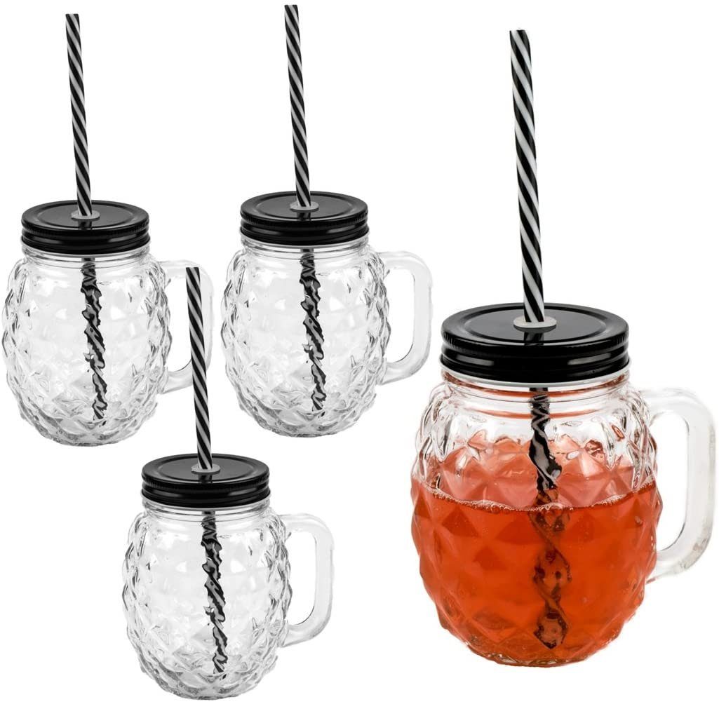 Sinoba Gläser-Set 3D Ananas Trinkglas Set Trinkgläser Garten Party Sommer Grill Deko, 4-tlg., mit Deckel und stabilem Strohhalm 450ml