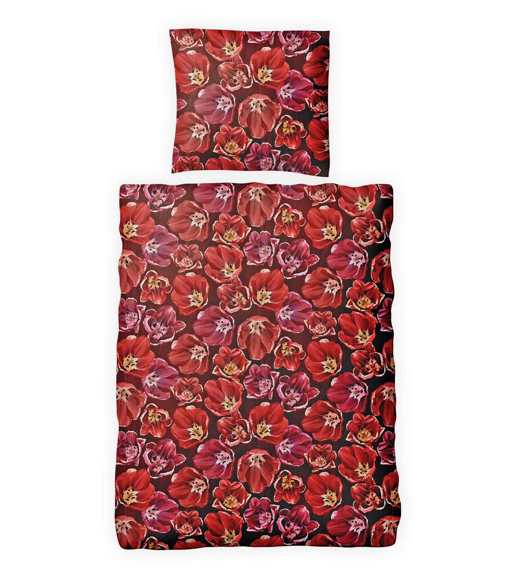 JACK Bettwäsche 135x200cm Blume Rot Pink, Biber, 2 teilig, tolles dezent Blumendesign mit Reißverschluss