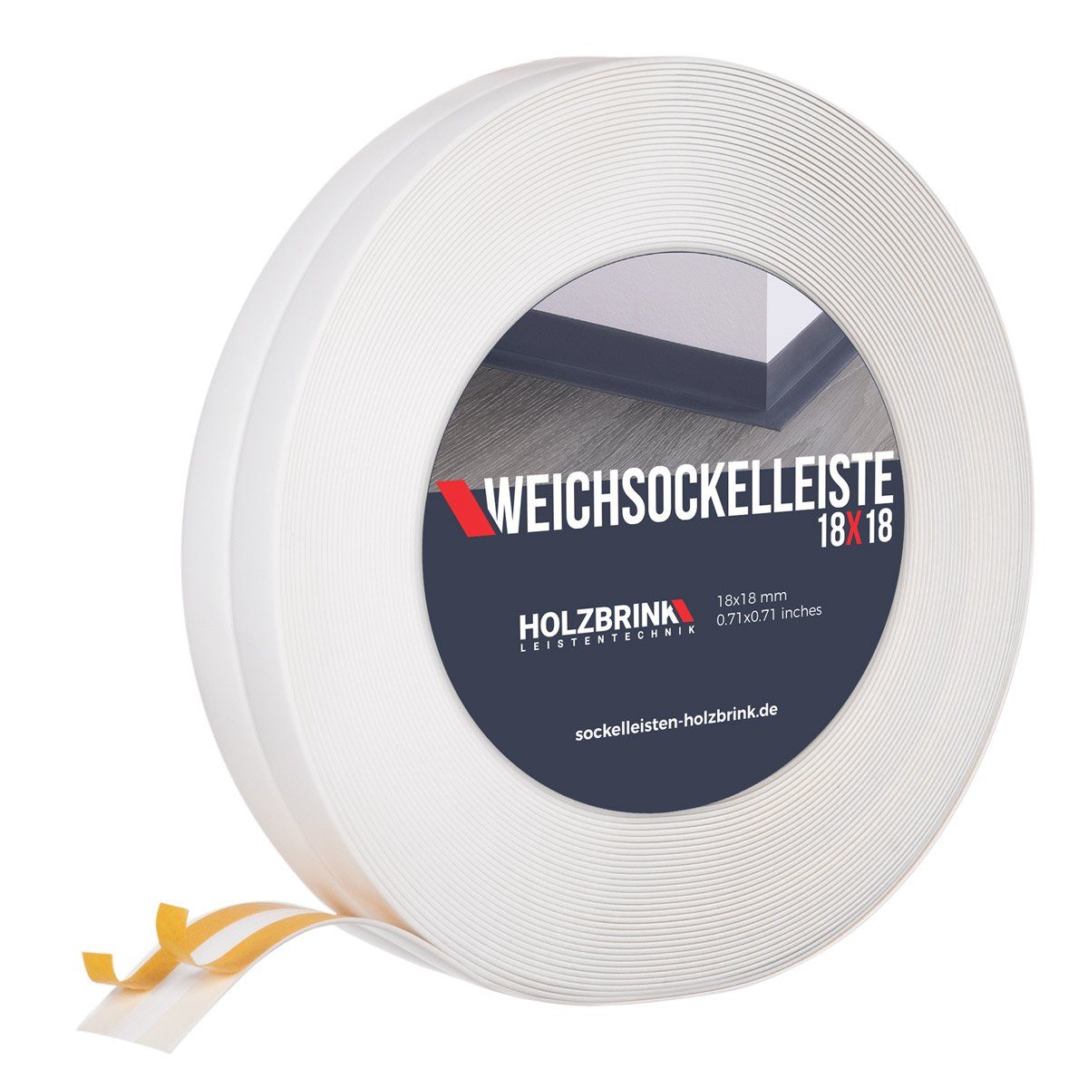 HOLZBRINK Sockelleiste PVC Weichsockelleiste selbstklebend 18x18mm Weiß, 5m Rolle, Küchenabschlussleiste Arbeitsplatte, Fensterleiste, Fensterabdichtung