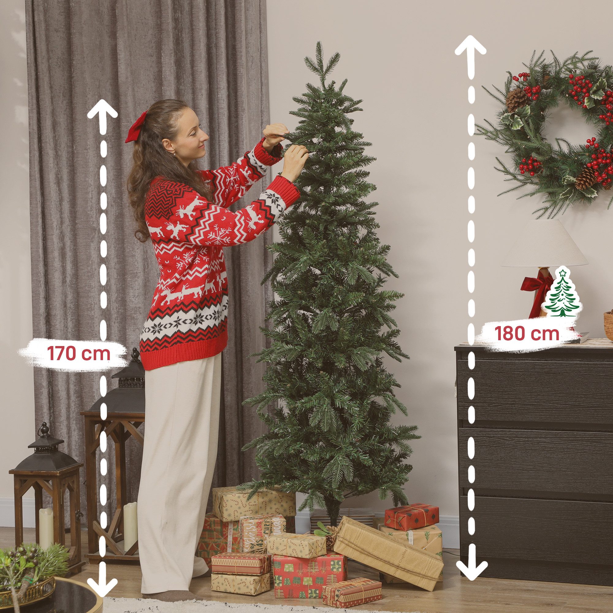 HOMCOM Künstlicher Weihnachtsbaum 200 LEDs, Tanne, 180 cm, 605 Spitzen, Kunststoff, Metall, Grün