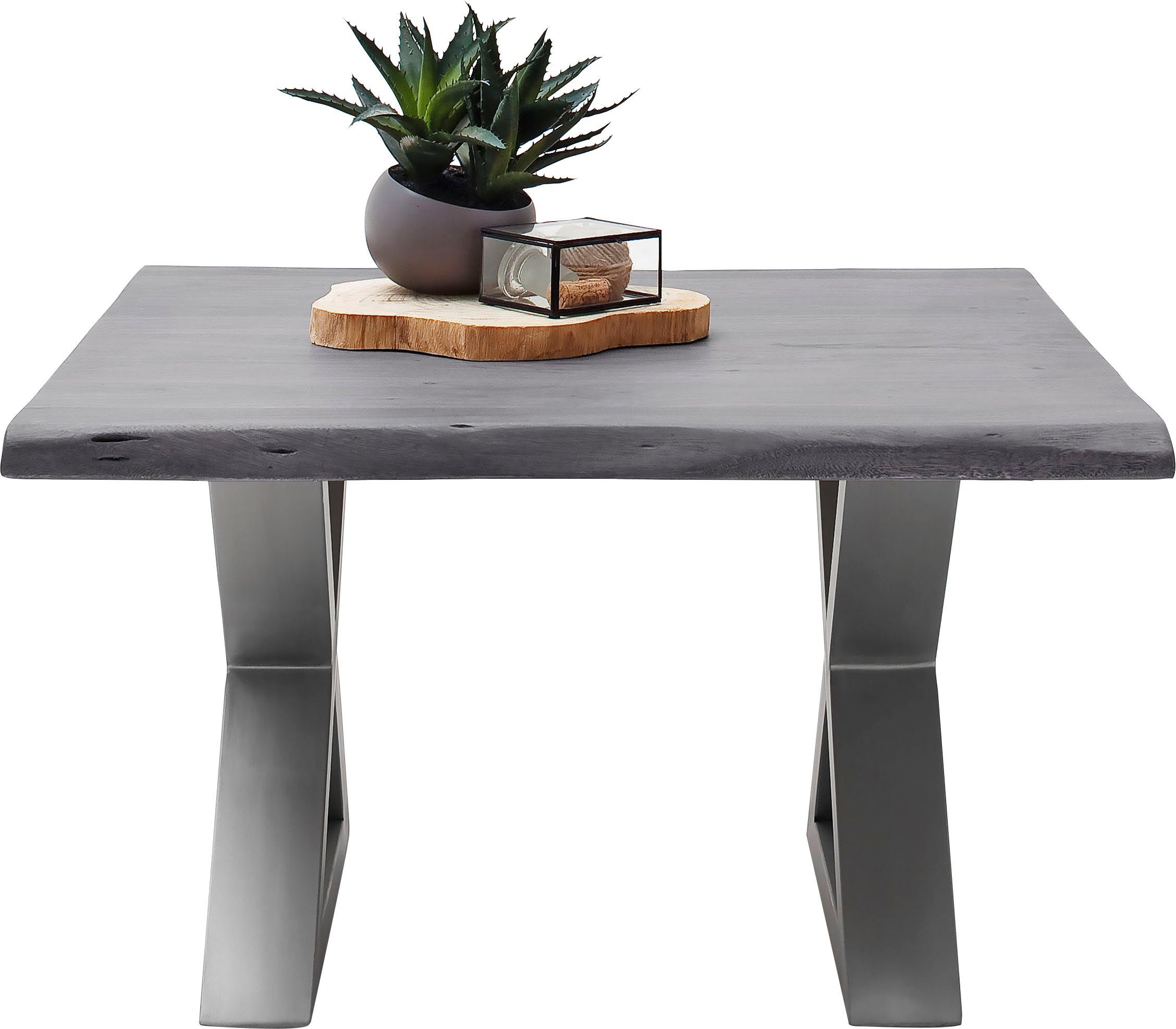 MCA furniture Couchtisch Cartagena, Couchtisch Grau mit | Edelstahl Rissen Massivholz | gebürstet Löchern Baumkante und natürlichen und Grau