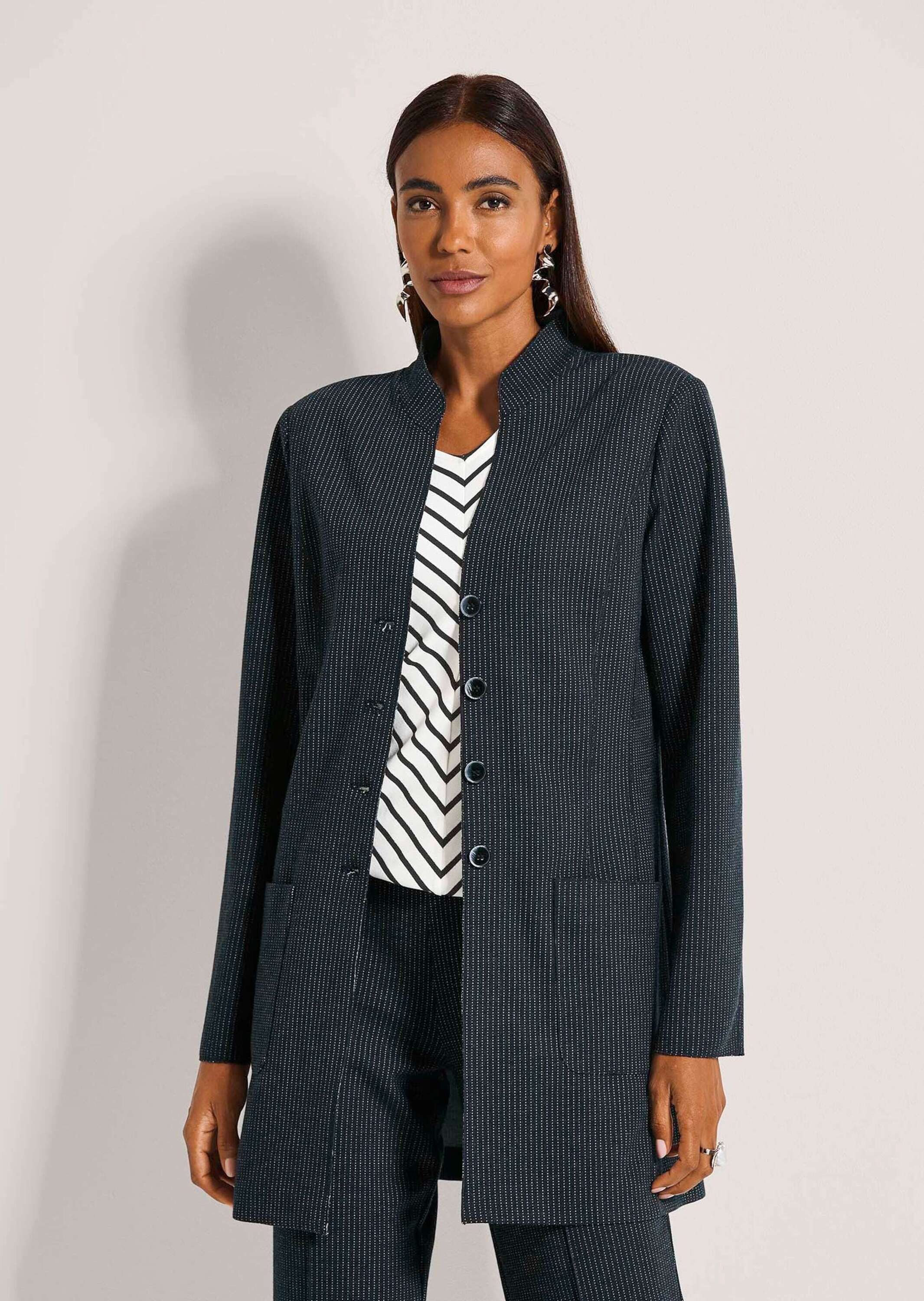 MADELEINE Longblazer Eleganter Einreiher mit Nadelstreifen Stilvoller Jerseyblazer mit Stehkragen, Taschen und Langarm
