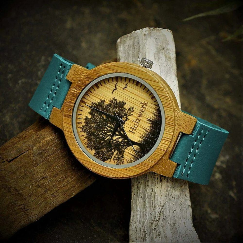 Holzwerk Quarzuhr ETTINGEN Damen & Herren Holz Armband Uhr, Baum Motiv, braun, blau