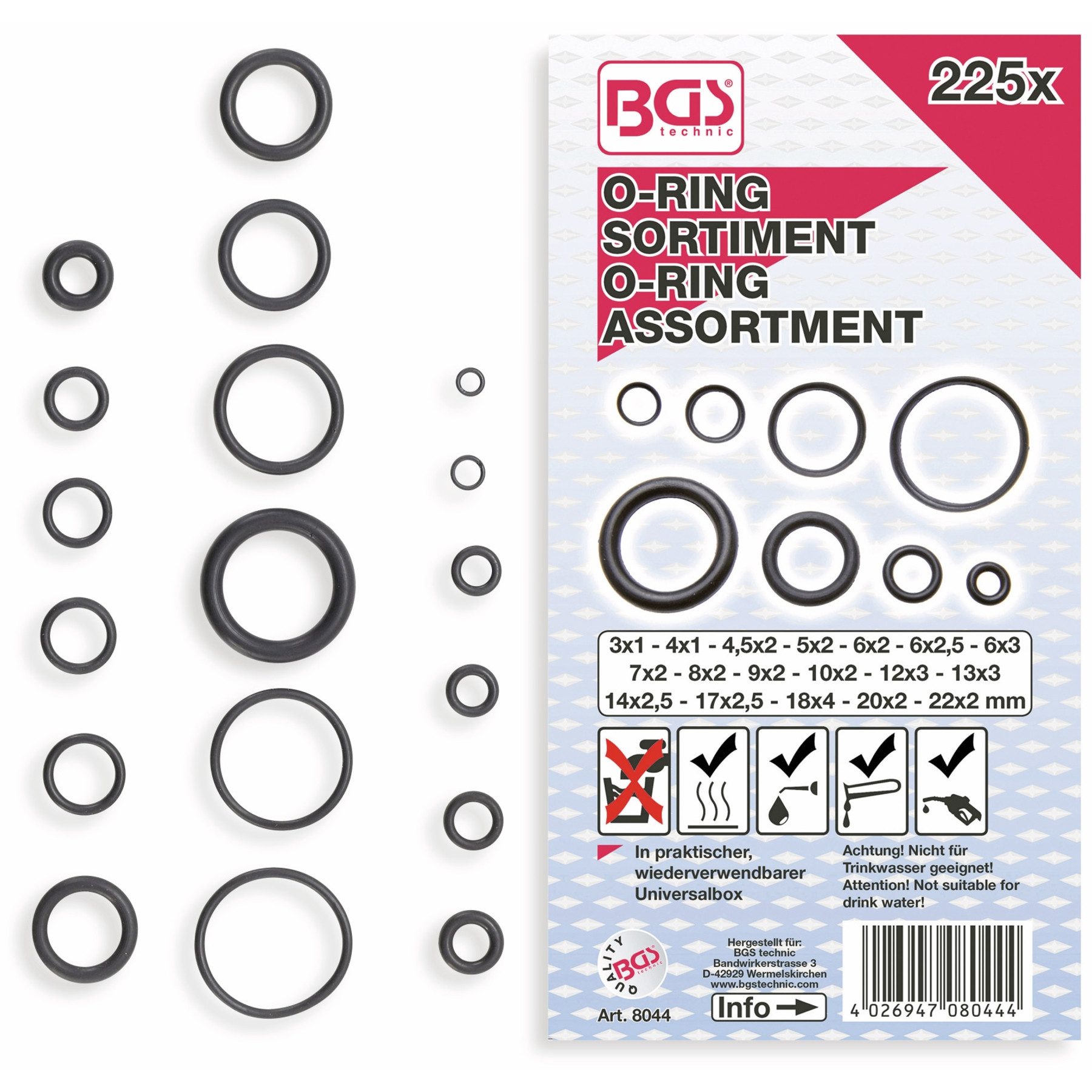 BGS technic Dichtring BGS TECHNIC Sort. O-Ring, 8044, Ø3...22 mm, 225-tlg