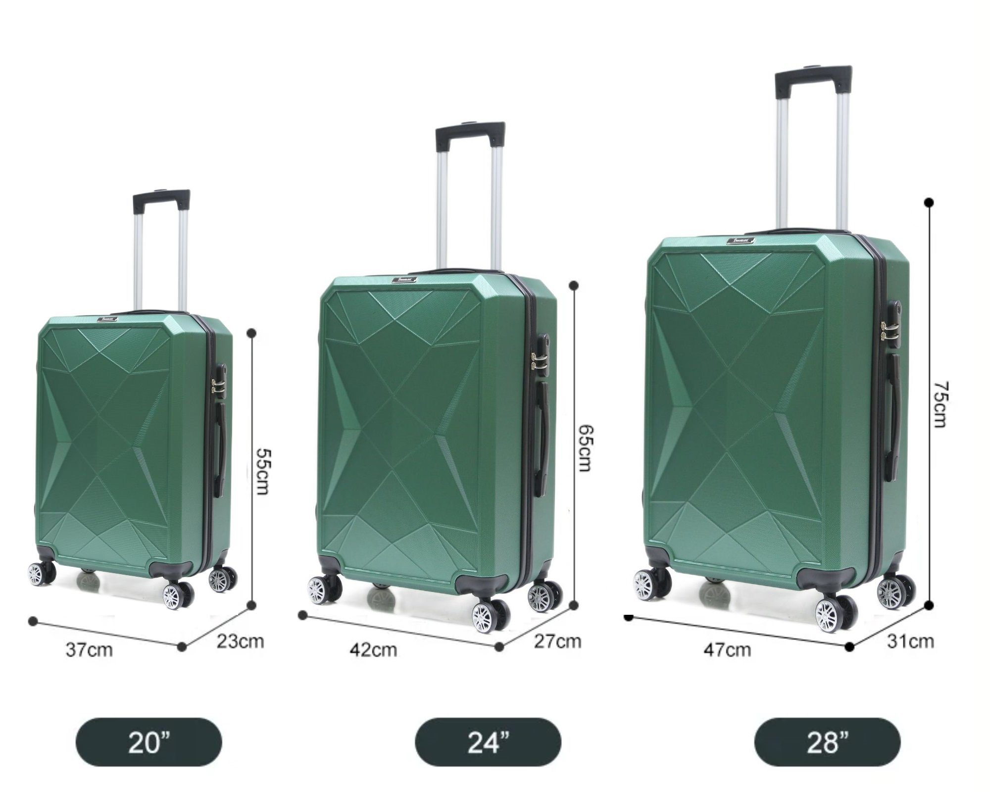Cheffinger Kofferset Reisekoffer Set (3 Rollen, Grün ABS-03 4 Hartschale Koffer Kofferset, tlg) 3-teilig Trolley