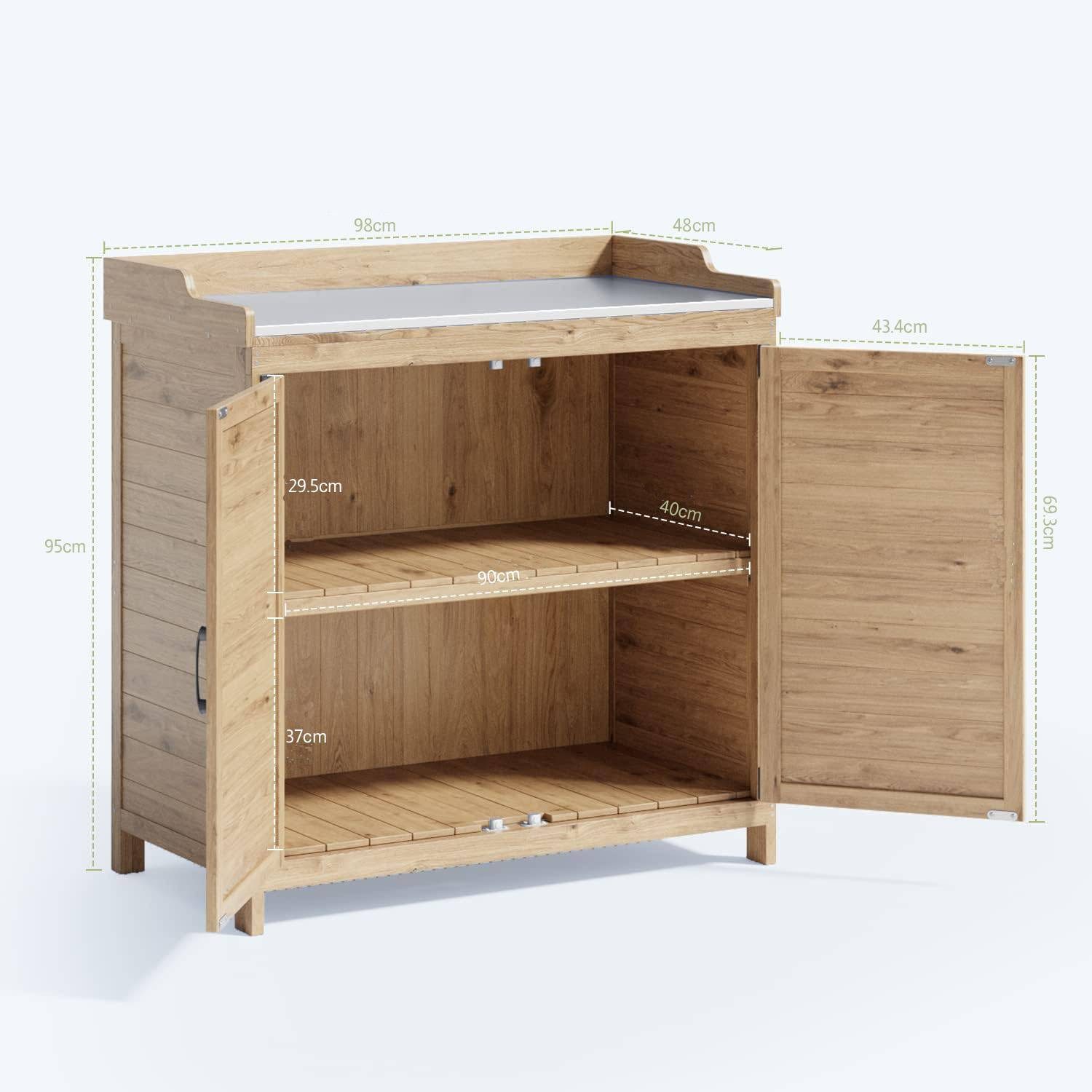 Blishom Garten-Geräteschrank Wetterfester in Holz-Gartenschrank mit Metall-Arbeitsplatte, 98 × 48 × 95 cm, Gartenpflanzbank mit Stauraum